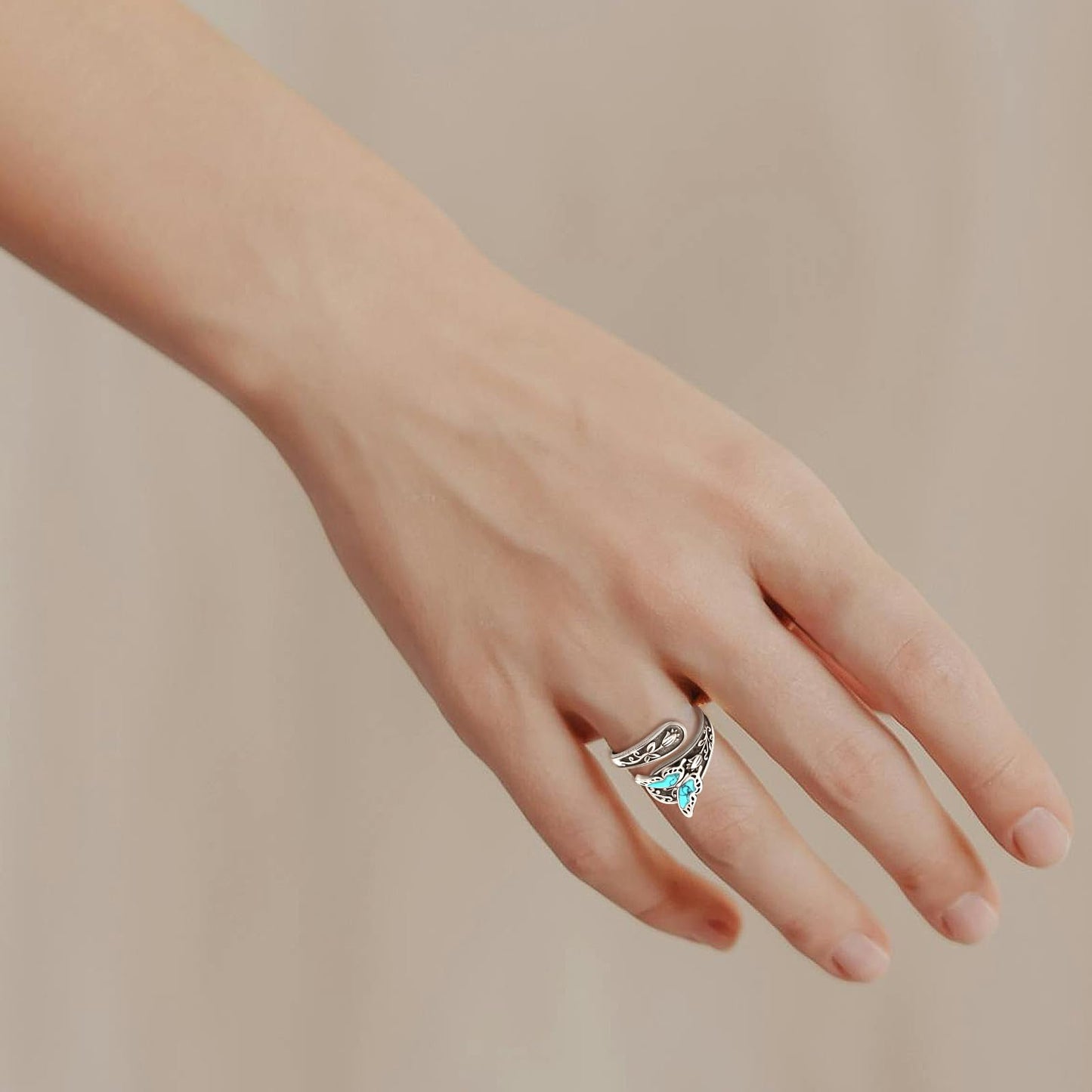 **Adorn**. Sterling Silver Turquoise Rings for Women Vintage Adjustable Sunflower/Dragonfly/Butterfly Spoon Rings Boho Antique Statement Ring Jewelry Gifts