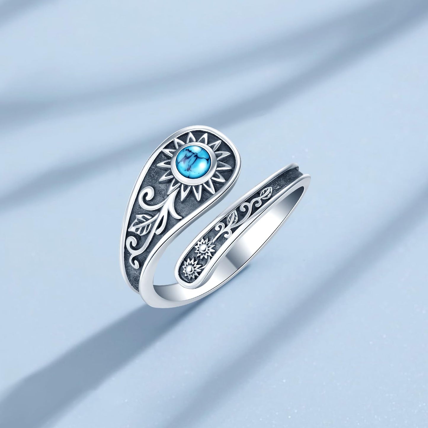 **Adorn**. Sterling Silver Turquoise Rings for Women Vintage Adjustable Sunflower/Dragonfly/Butterfly Spoon Rings Boho Antique Statement Ring Jewelry Gifts