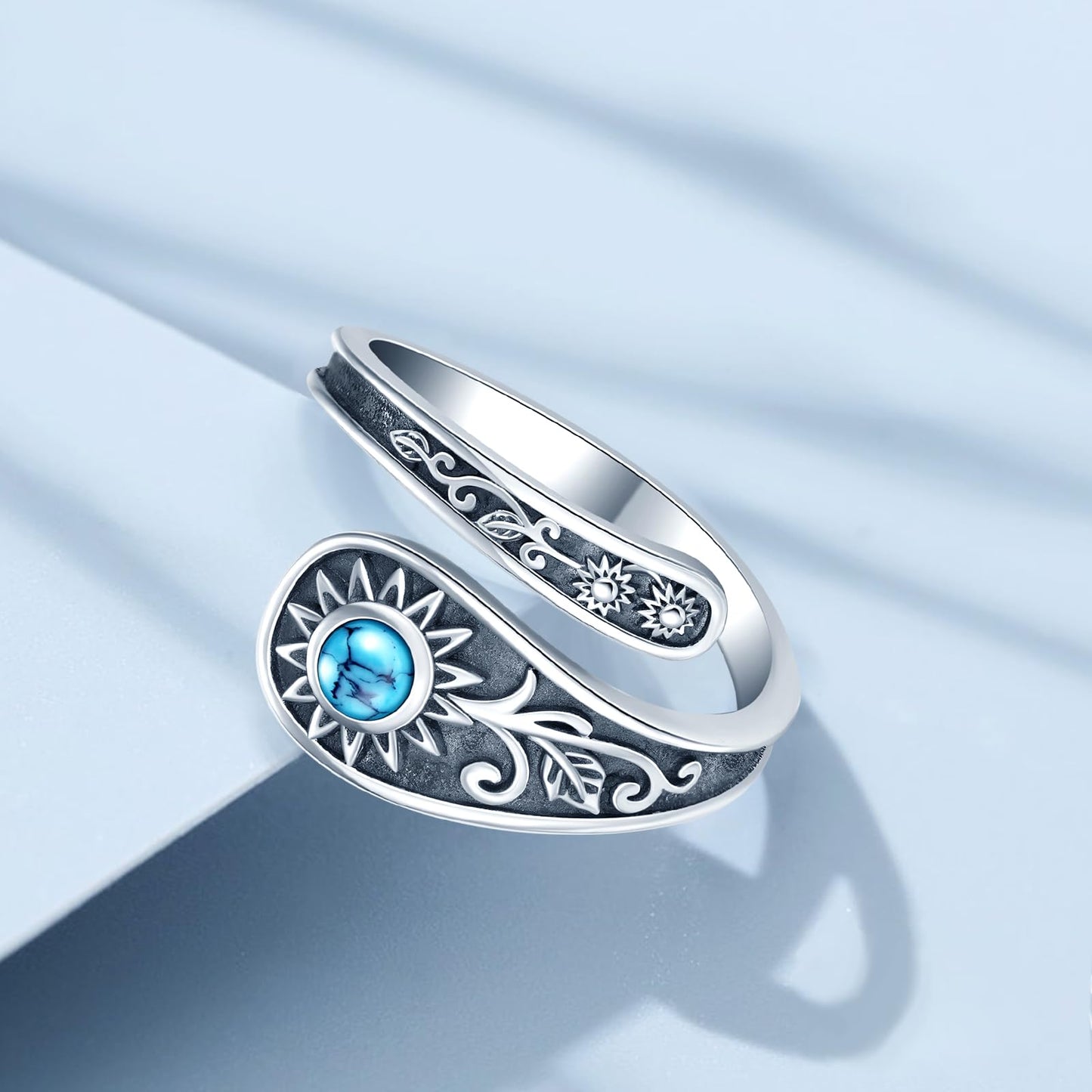**Adorn**. Sterling Silver Turquoise Rings for Women Vintage Adjustable Sunflower/Dragonfly/Butterfly Spoon Rings Boho Antique Statement Ring Jewelry Gifts