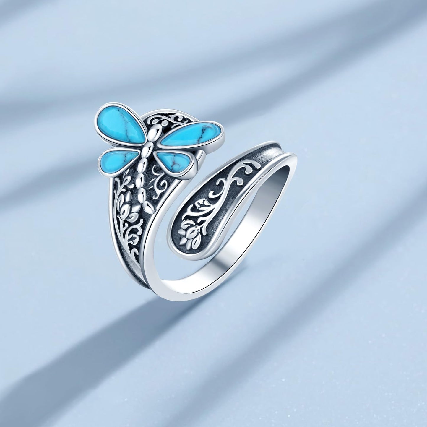 **Adorn**. Sterling Silver Turquoise Rings for Women Vintage Adjustable Sunflower/Dragonfly/Butterfly Spoon Rings Boho Antique Statement Ring Jewelry Gifts
