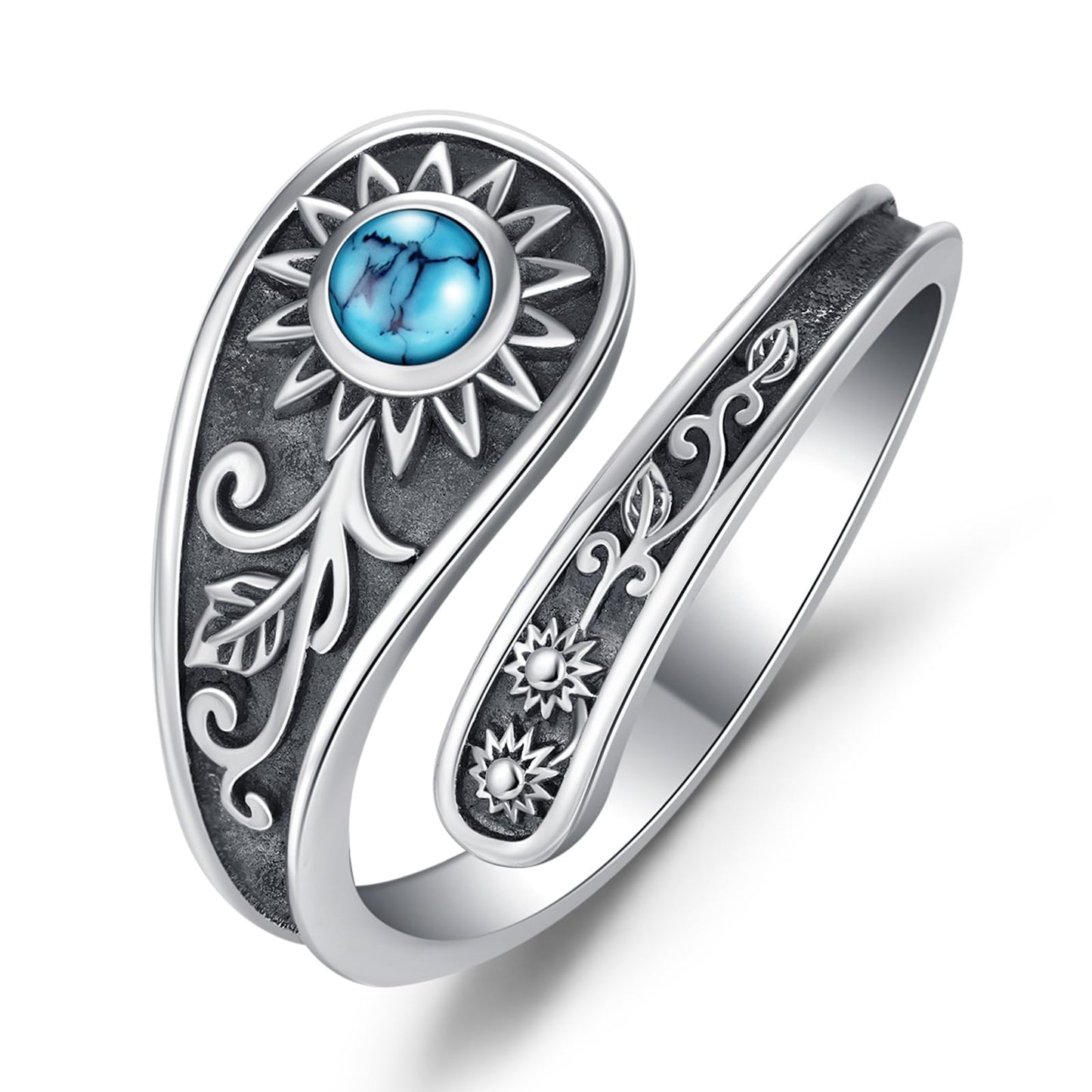 **Adorn**. Sterling Silver Turquoise Rings for Women Vintage Adjustable Sunflower/Dragonfly/Butterfly Spoon Rings Boho Antique Statement Ring Jewelry Gifts