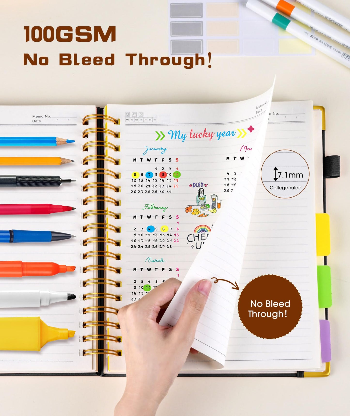 **Ink**. Hardcover Spiral Notebook journal with Removable Dividers Tabs, 300 Pages Leather 5 Subject Notebook College Ruled, 100GMS A5 Notebooks for Work School Note taking,Lined Journal for Women,A5-Green
