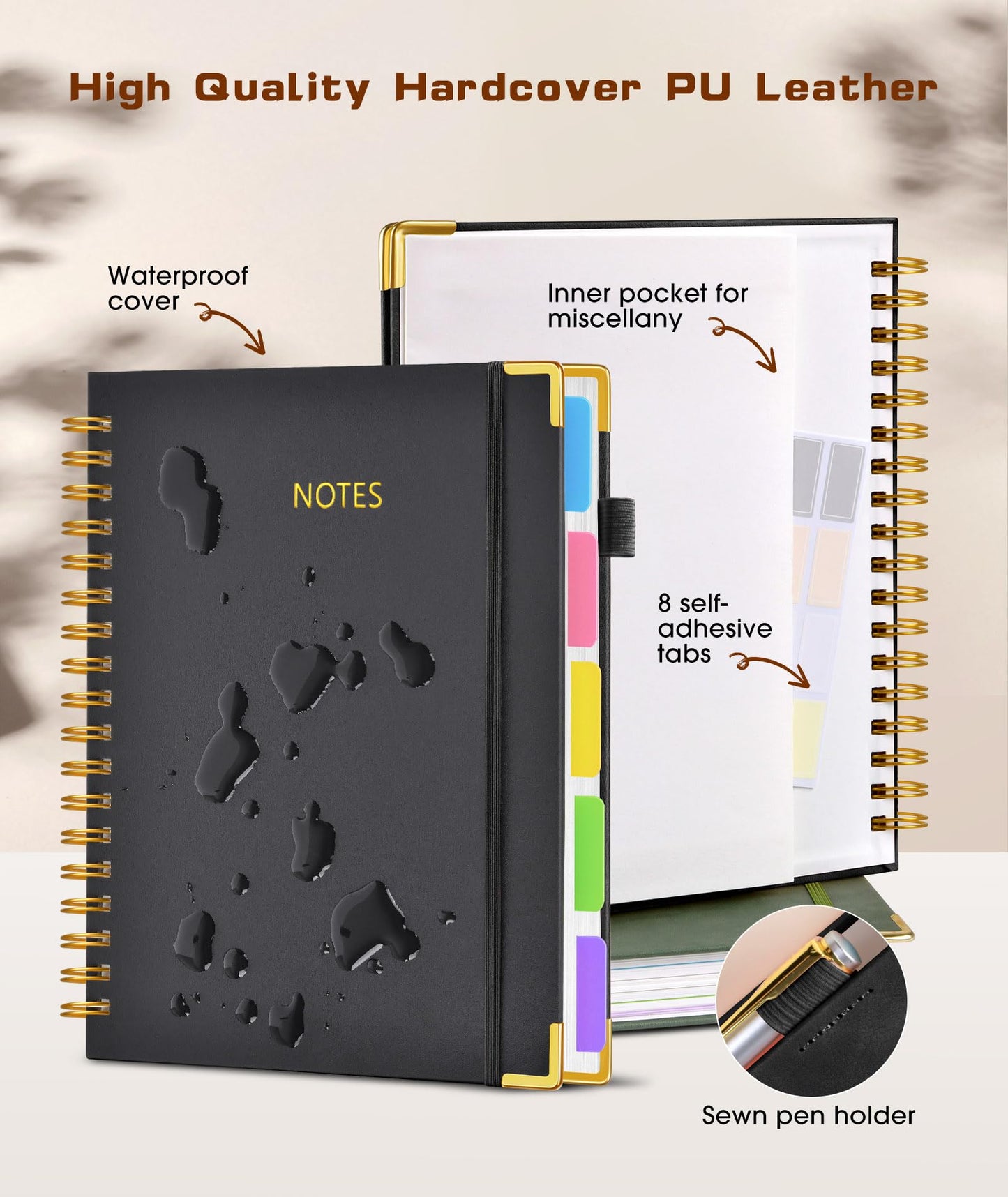 **Ink**. Hardcover Spiral Notebook journal with Removable Dividers Tabs, 300 Pages Leather 5 Subject Notebook College Ruled, 100GMS A5 Notebooks for Work School Note taking,Lined Journal for Women,A5-Green