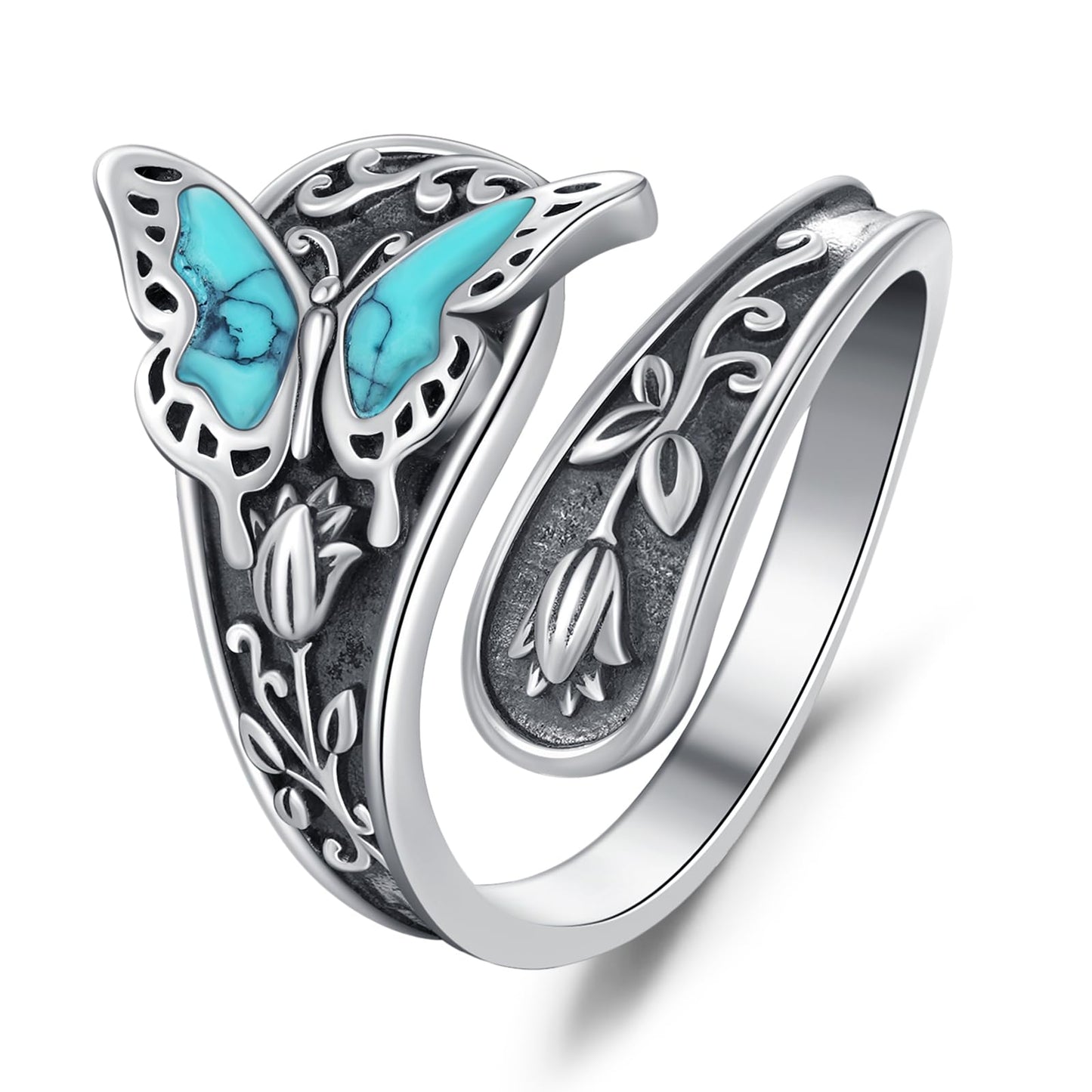 **Adorn**. Sterling Silver Turquoise Rings for Women Vintage Adjustable Sunflower/Dragonfly/Butterfly Spoon Rings Boho Antique Statement Ring Jewelry Gifts