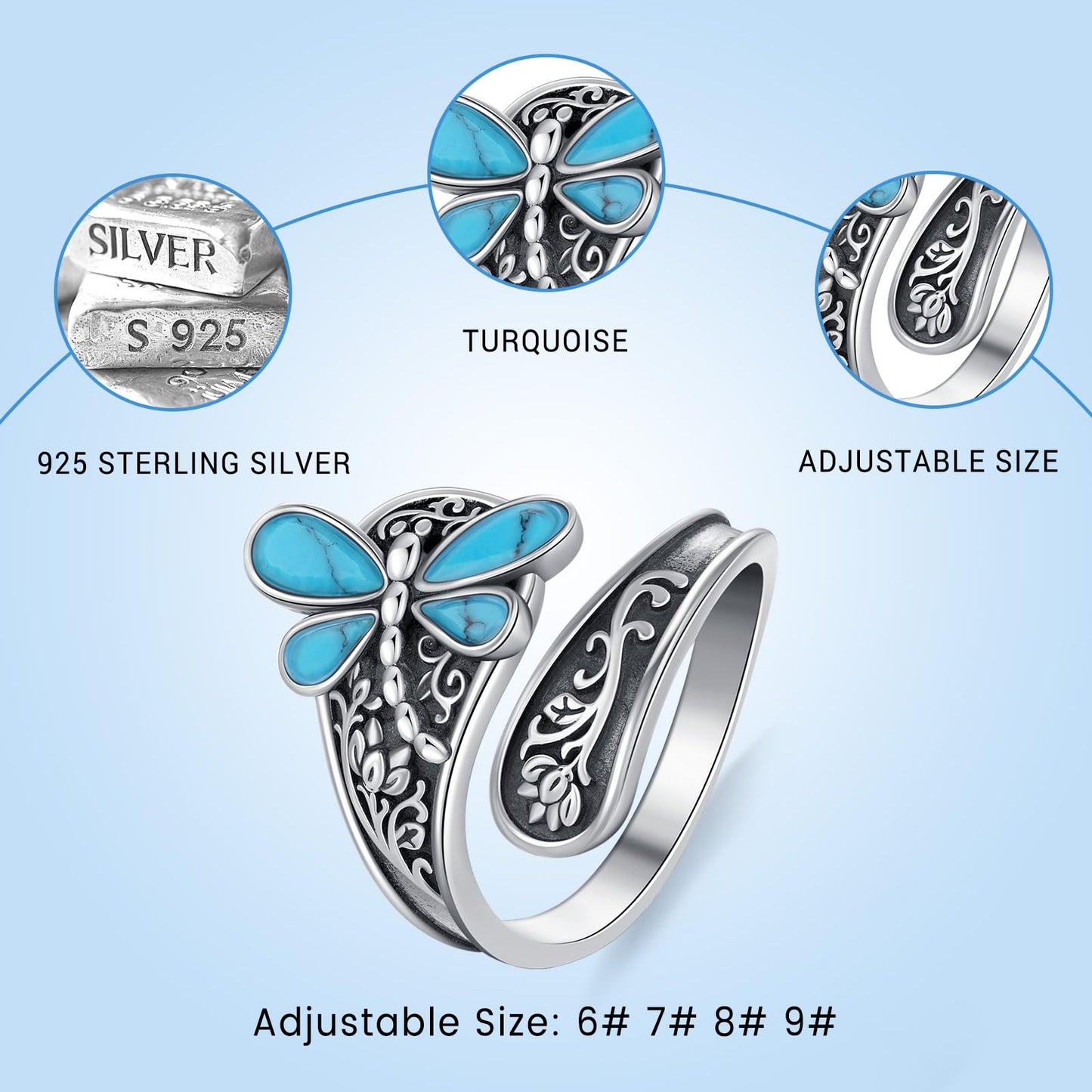 **Adorn**. Sterling Silver Turquoise Rings for Women Vintage Adjustable Sunflower/Dragonfly/Butterfly Spoon Rings Boho Antique Statement Ring Jewelry Gifts