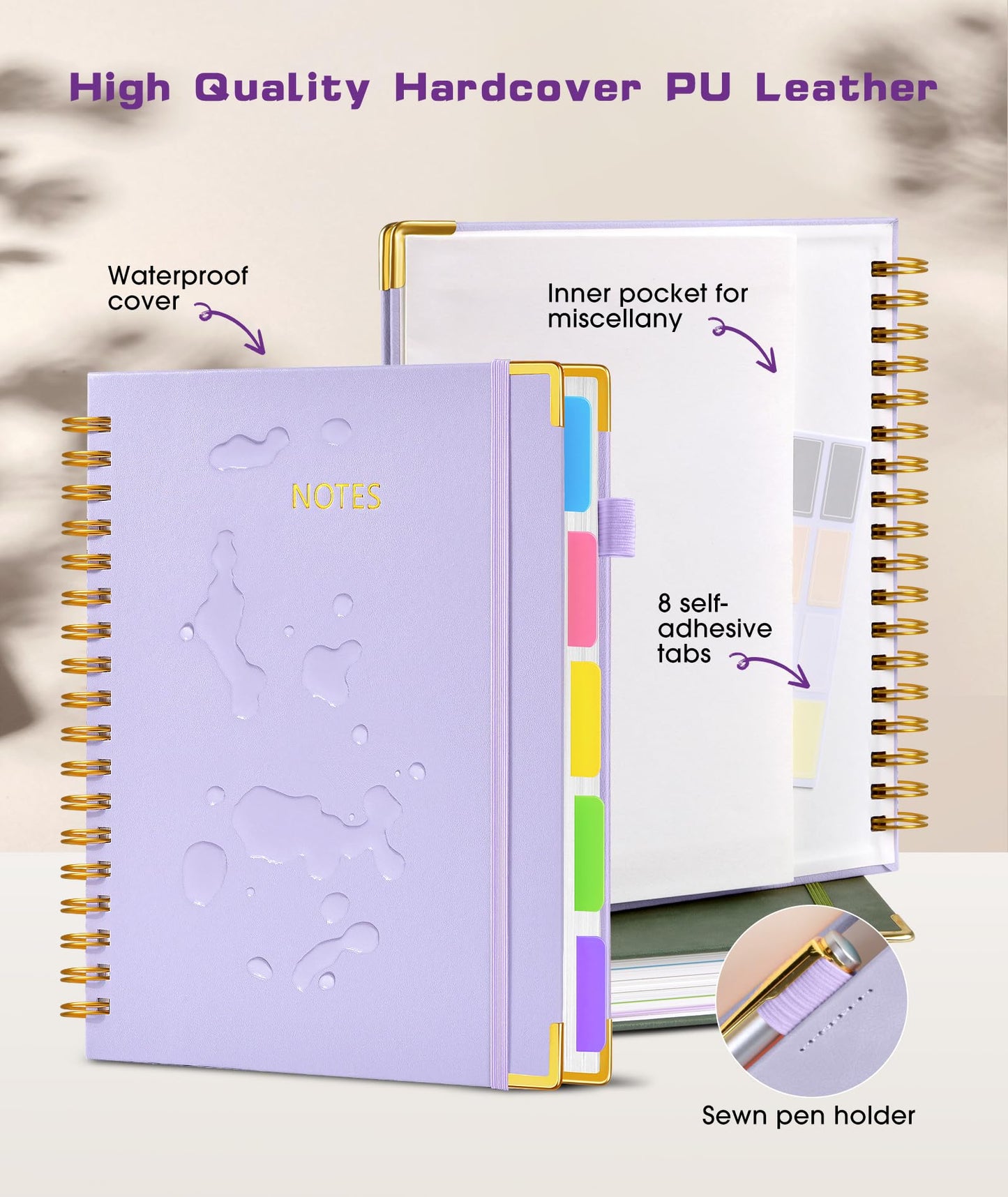 **Ink**. Hardcover Spiral Notebook journal with Removable Dividers Tabs, 300 Pages Leather 5 Subject Notebook College Ruled, 100GMS A5 Notebooks for Work School Note taking,Lined Journal for Women,A5-Green