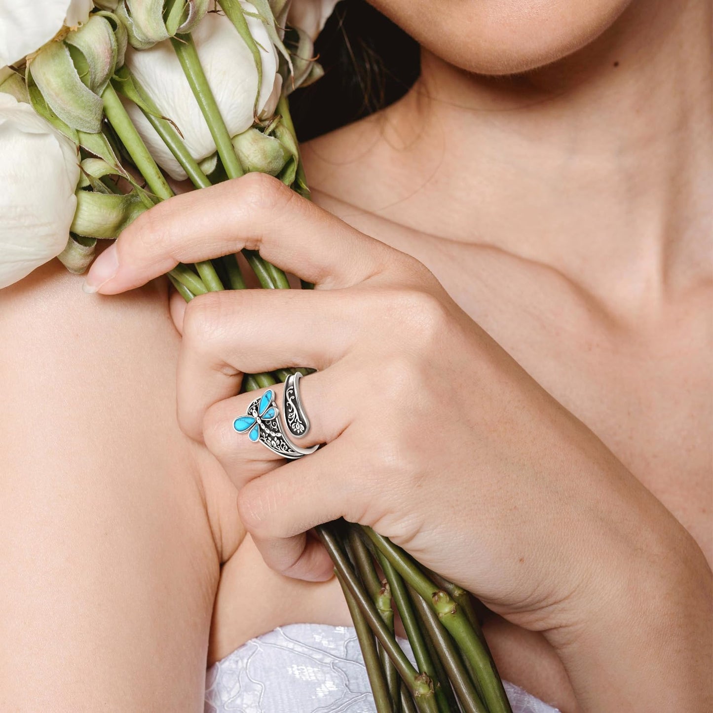 **Adorn**. Sterling Silver Turquoise Rings for Women Vintage Adjustable Sunflower/Dragonfly/Butterfly Spoon Rings Boho Antique Statement Ring Jewelry Gifts