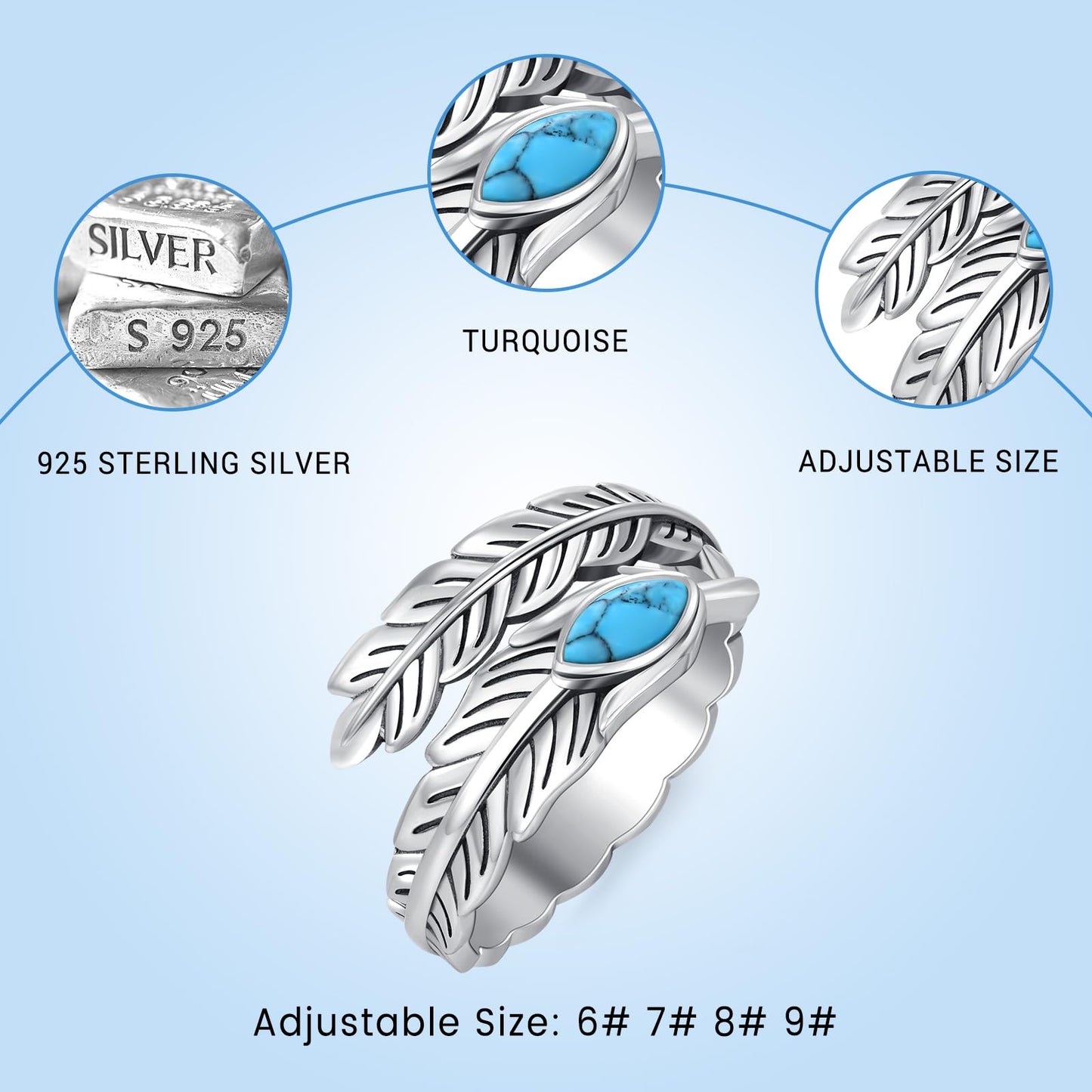 **Adorn**. Sterling Silver Turquoise Rings for Women Vintage Adjustable Sunflower/Dragonfly/Butterfly Spoon Rings Boho Antique Statement Ring Jewelry Gifts
