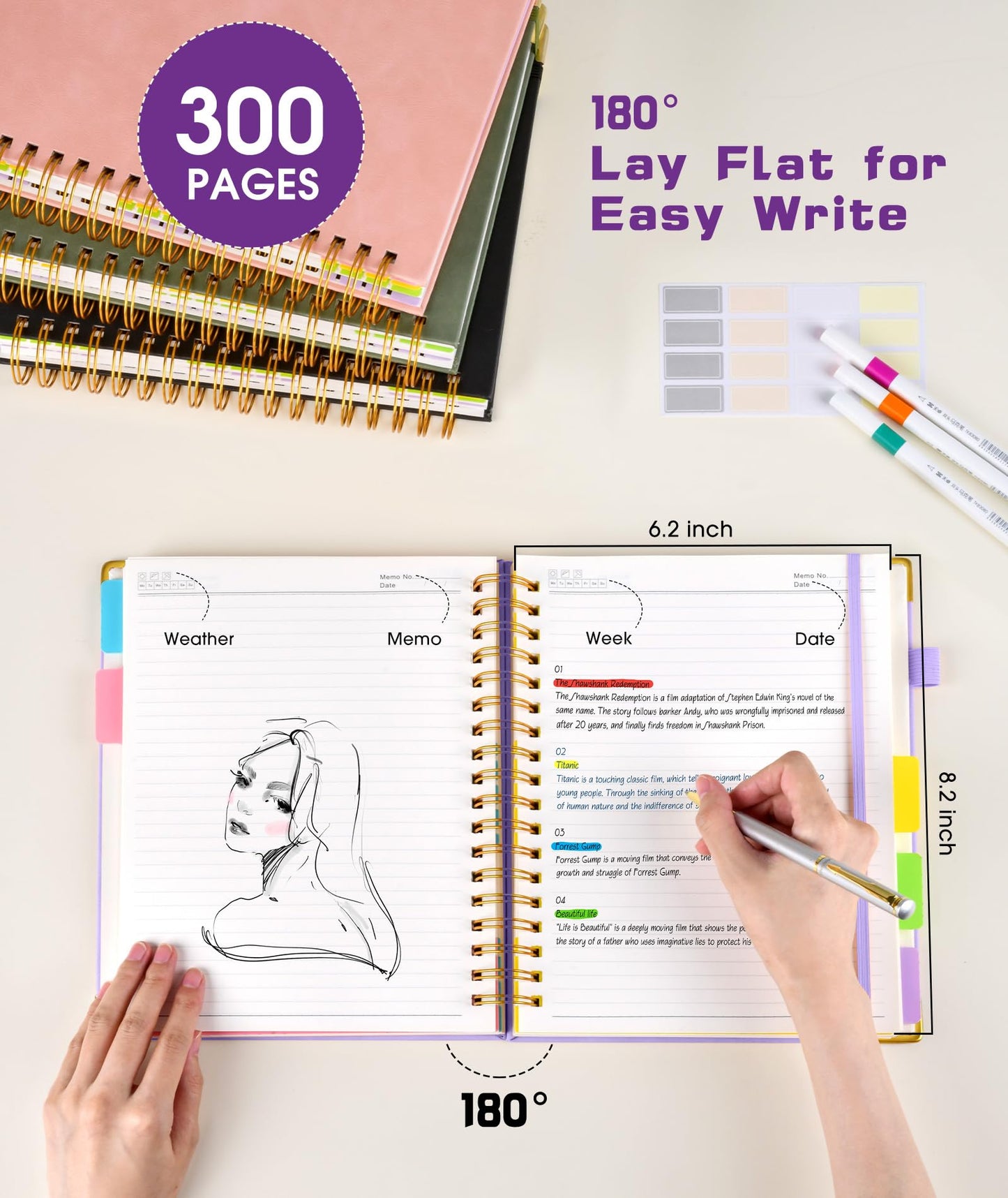 **Ink**. Hardcover Spiral Notebook journal with Removable Dividers Tabs, 300 Pages Leather 5 Subject Notebook College Ruled, 100GMS A5 Notebooks for Work School Note taking,Lined Journal for Women,A5-Green