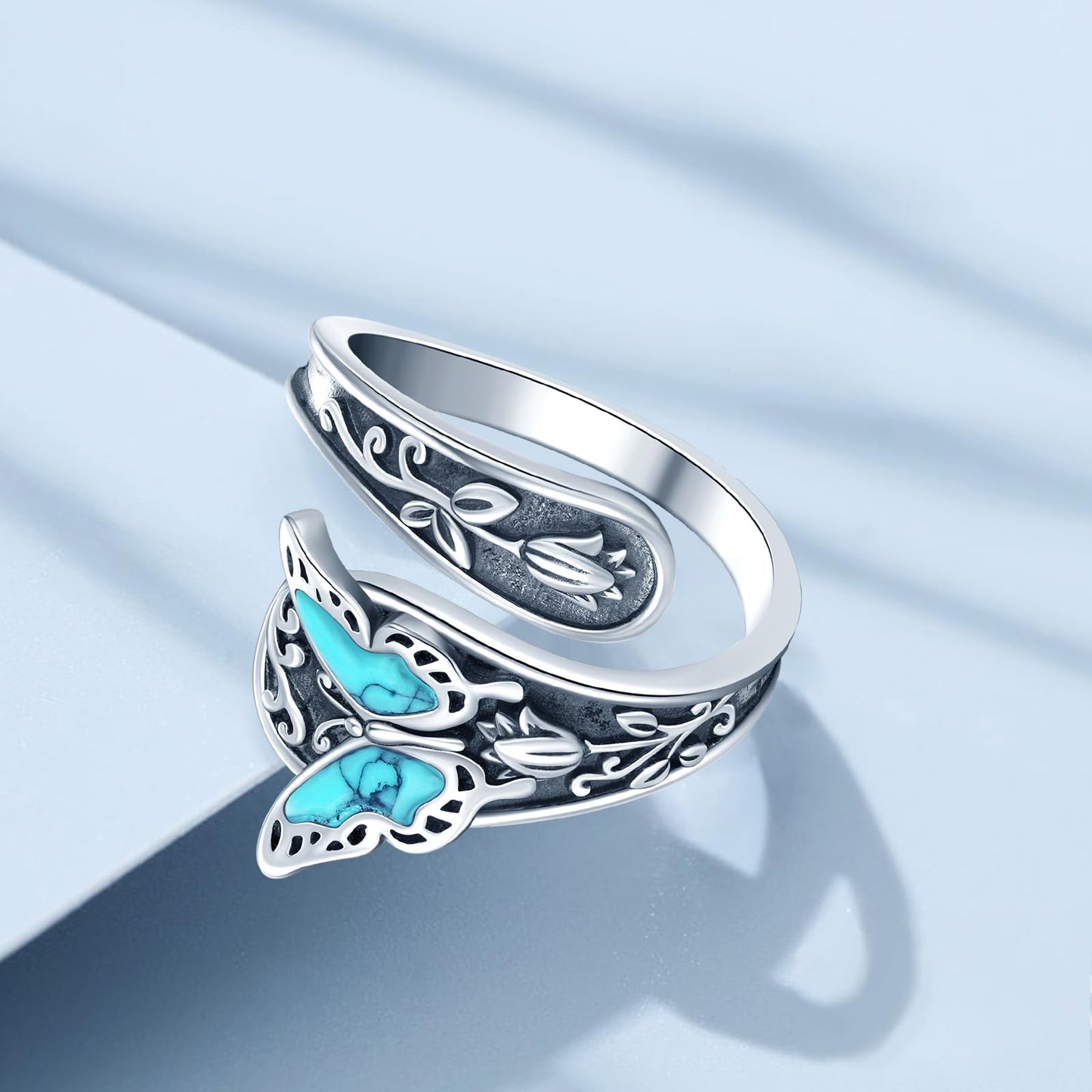 **Adorn**. Sterling Silver Turquoise Rings for Women Vintage Adjustable Sunflower/Dragonfly/Butterfly Spoon Rings Boho Antique Statement Ring Jewelry Gifts