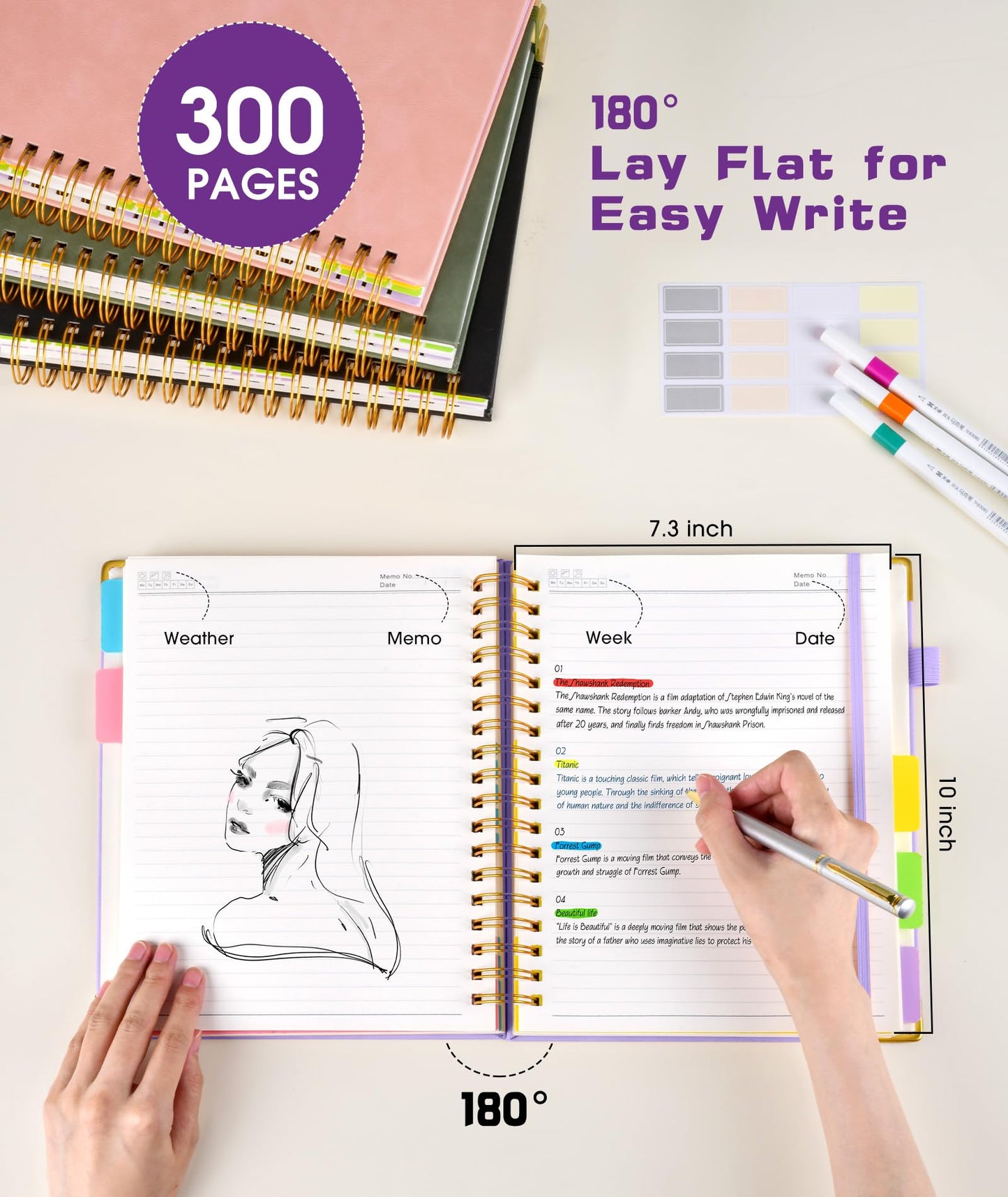 **Ink**. Hardcover Spiral Notebook journal with Removable Dividers Tabs, 300 Pages Leather 5 Subject Notebook College Ruled, 100GMS A5 Notebooks for Work School Note taking,Lined Journal for Women,A5-Green