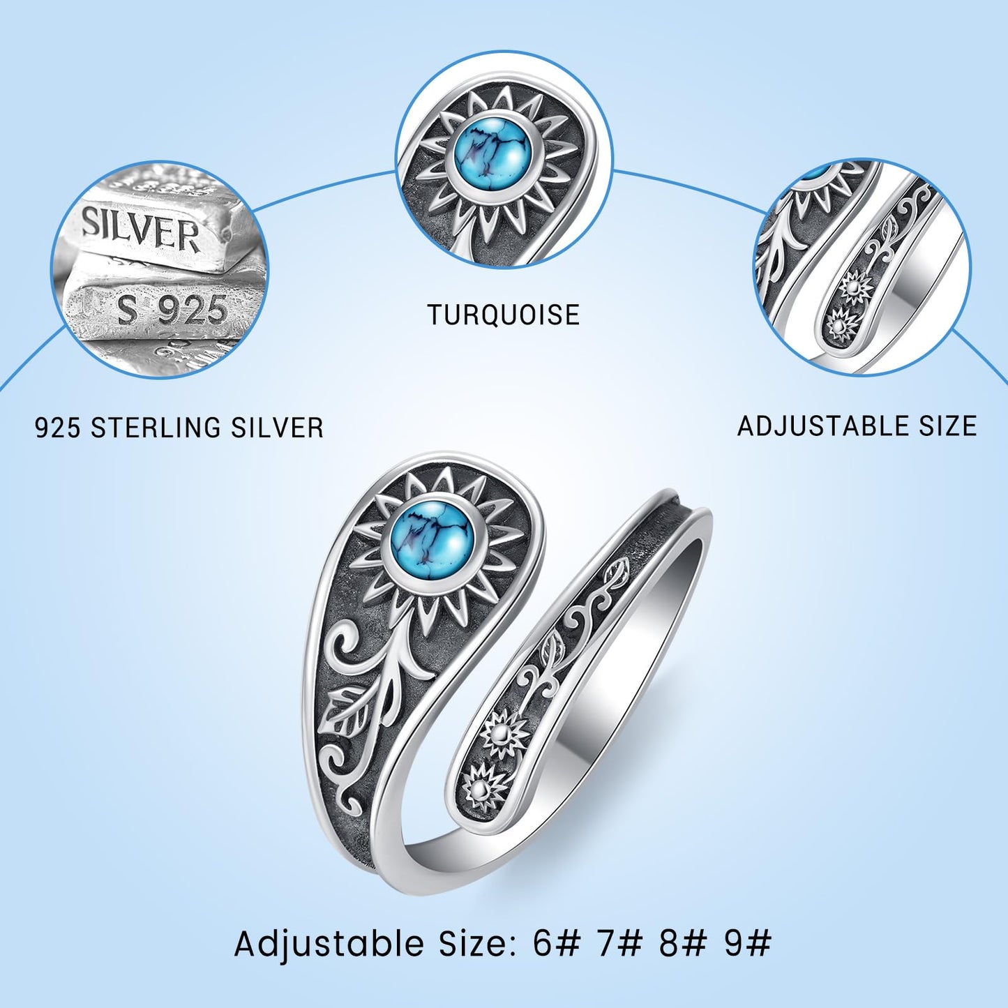 **Adorn**. Sterling Silver Turquoise Rings for Women Vintage Adjustable Sunflower/Dragonfly/Butterfly Spoon Rings Boho Antique Statement Ring Jewelry Gifts