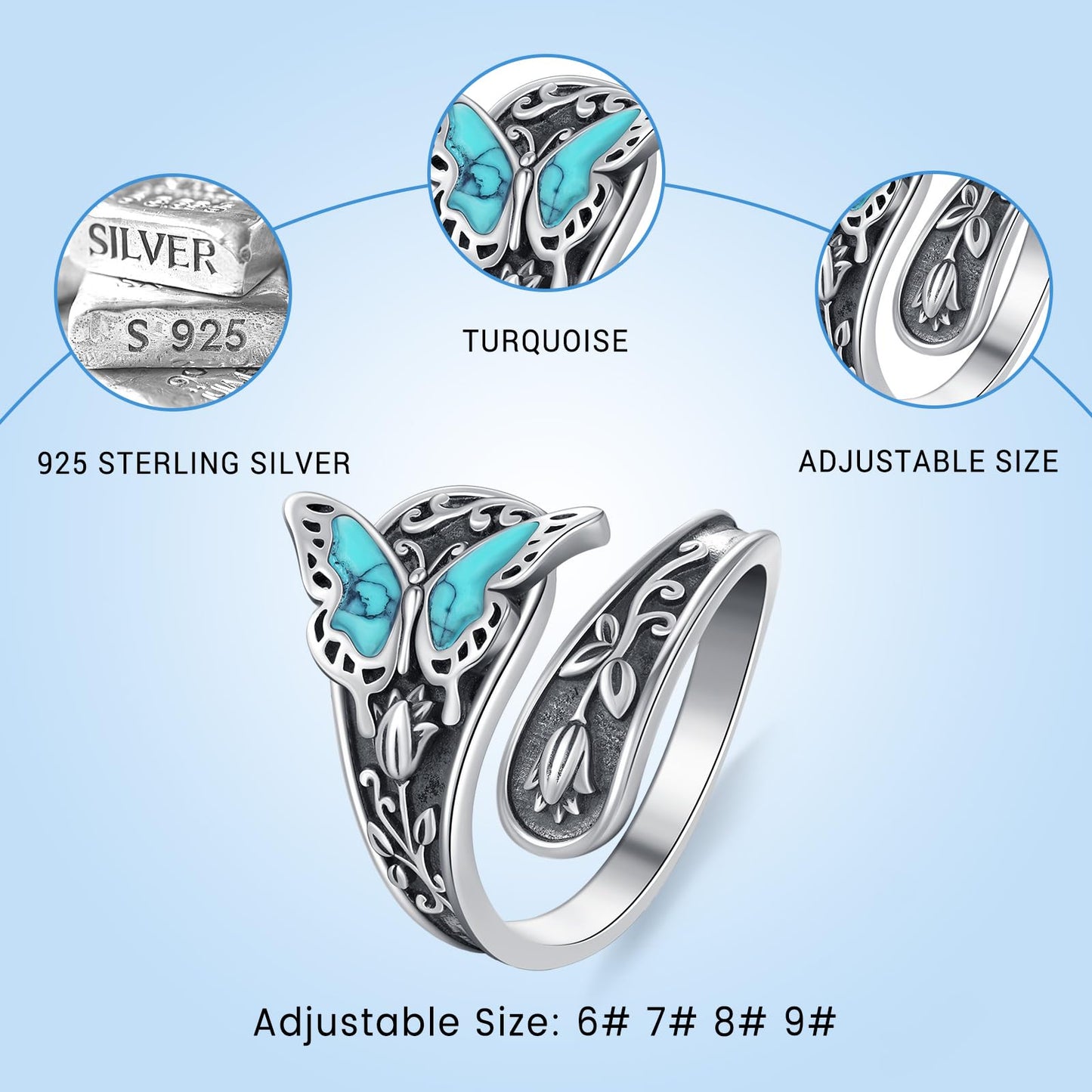 **Adorn**. Sterling Silver Turquoise Rings for Women Vintage Adjustable Sunflower/Dragonfly/Butterfly Spoon Rings Boho Antique Statement Ring Jewelry Gifts