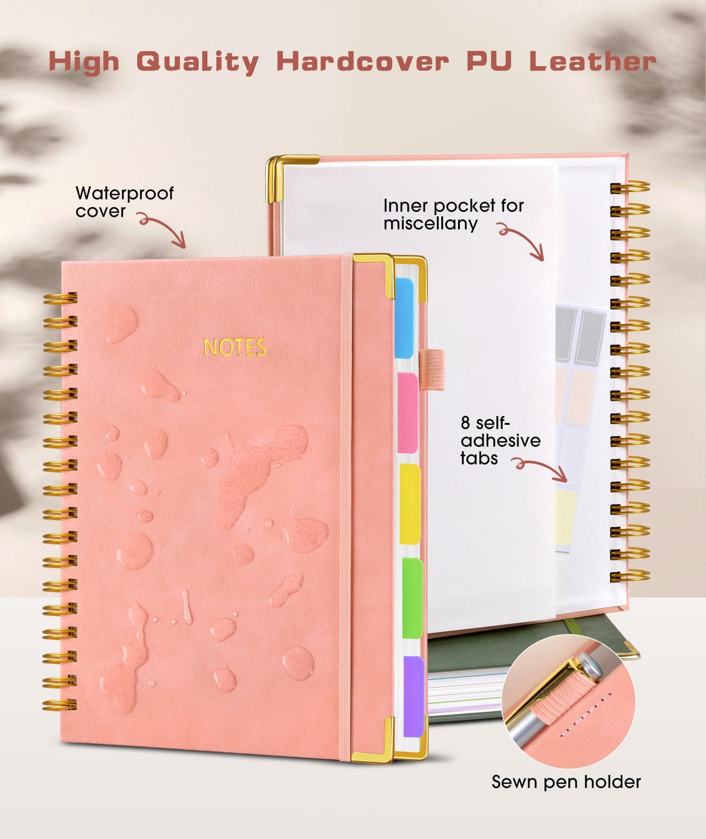 **Ink**. Hardcover Spiral Notebook journal with Removable Dividers Tabs, 300 Pages Leather 5 Subject Notebook College Ruled, 100GMS A5 Notebooks for Work School Note taking,Lined Journal for Women,A5-Green