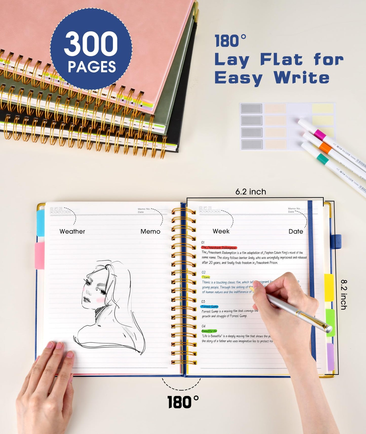 **Ink**. Hardcover Spiral Notebook journal with Removable Dividers Tabs, 300 Pages Leather 5 Subject Notebook College Ruled, 100GMS A5 Notebooks for Work School Note taking,Lined Journal for Women,A5-Green