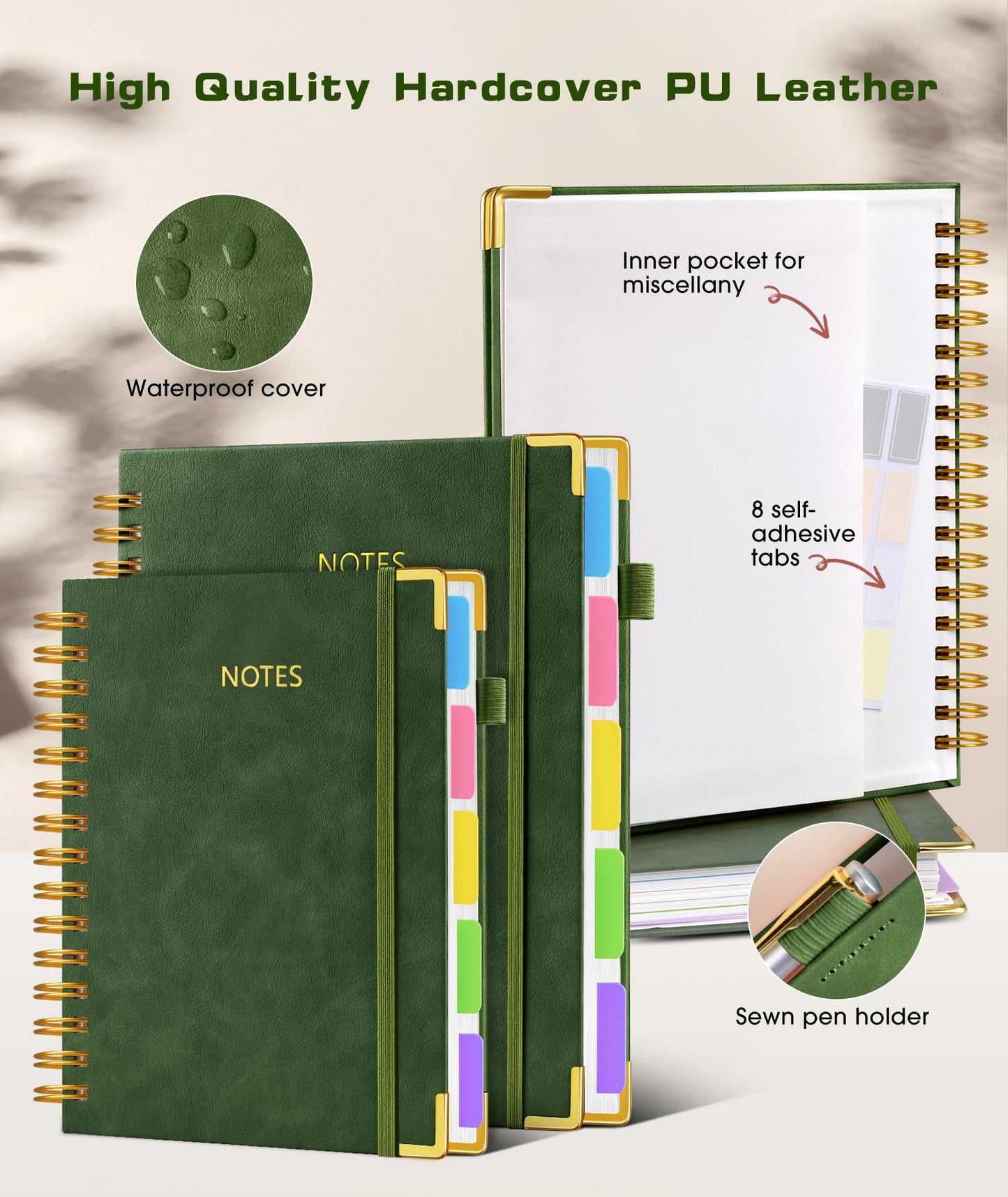 **Ink**. Hardcover Spiral Notebook journal with Removable Dividers Tabs, 300 Pages Leather 5 Subject Notebook College Ruled, 100GMS A5 Notebooks for Work School Note taking,Lined Journal for Women,A5-Green