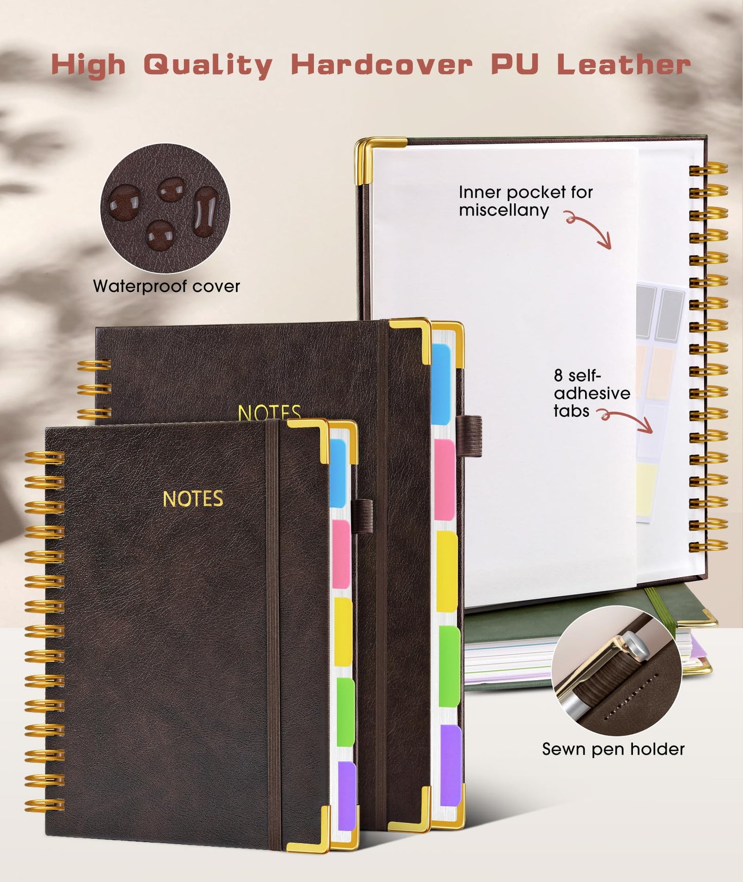 **Ink**. Hardcover Spiral Notebook journal with Removable Dividers Tabs, 300 Pages Leather 5 Subject Notebook College Ruled, 100GMS A5 Notebooks for Work School Note taking,Lined Journal for Women,A5-Green