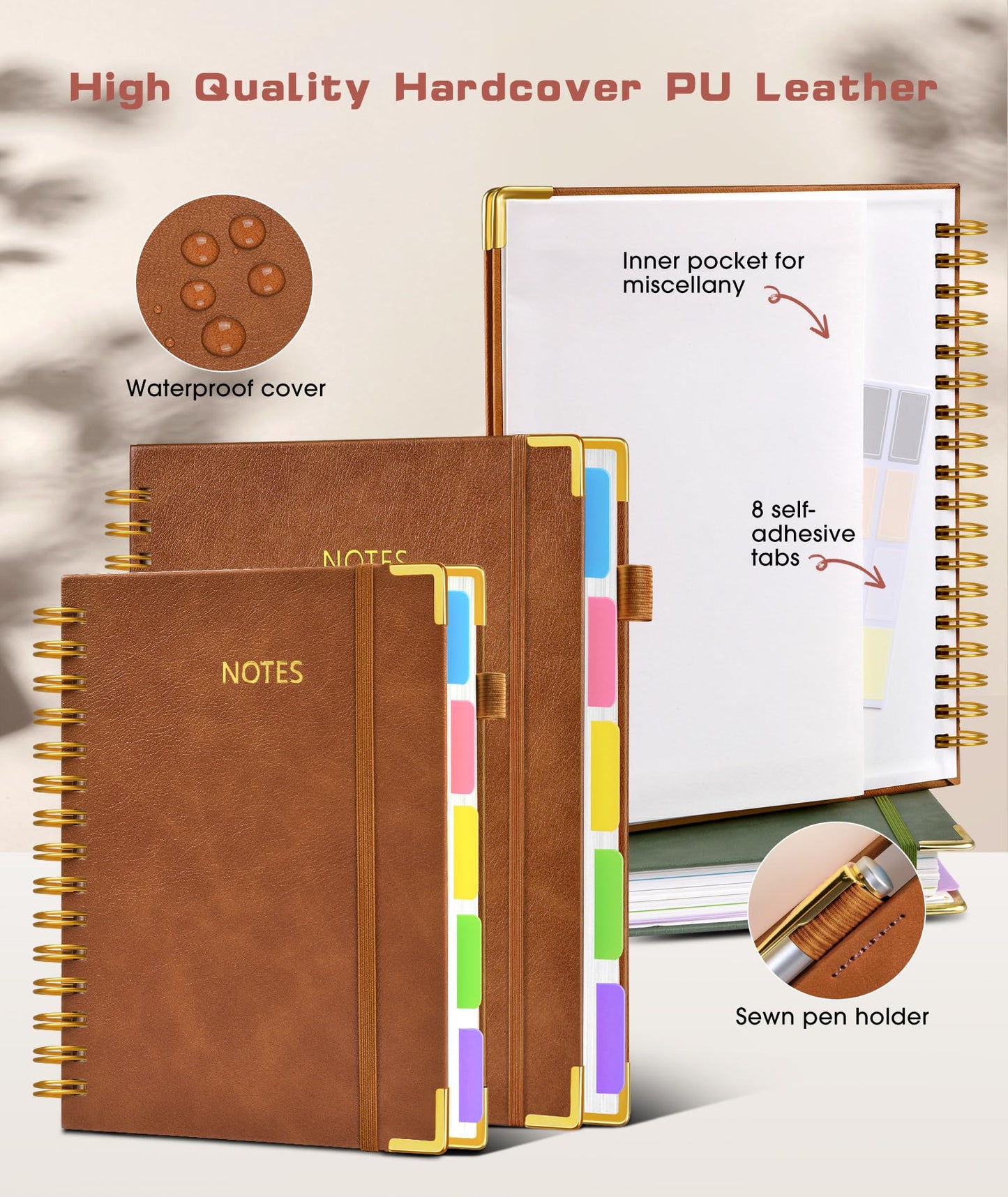 **Ink**. Hardcover Spiral Notebook journal with Removable Dividers Tabs, 300 Pages Leather 5 Subject Notebook College Ruled, 100GMS A5 Notebooks for Work School Note taking,Lined Journal for Women,A5-Green