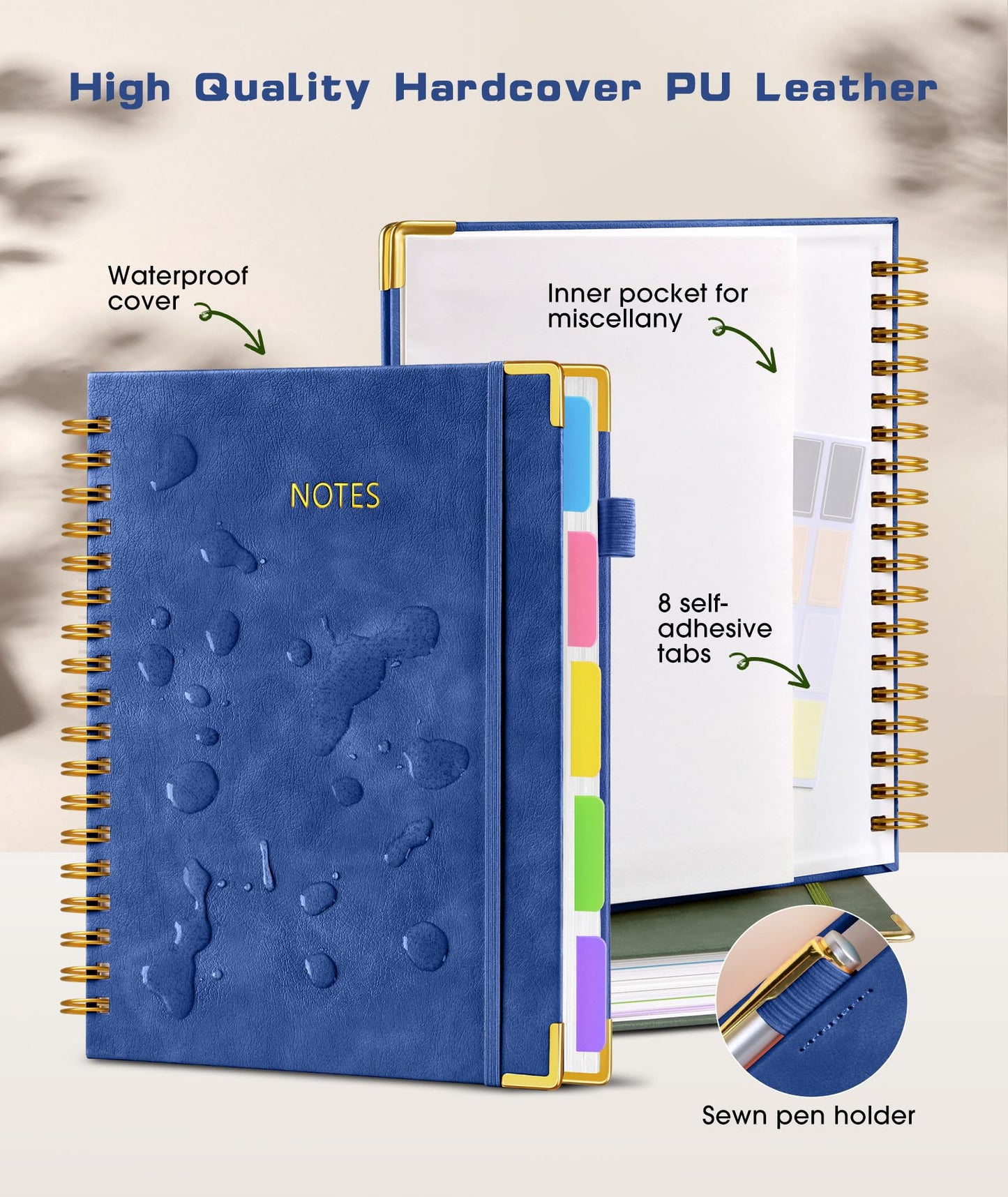 **Ink**. Hardcover Spiral Notebook journal with Removable Dividers Tabs, 300 Pages Leather 5 Subject Notebook College Ruled, 100GMS A5 Notebooks for Work School Note taking,Lined Journal for Women,A5-Green