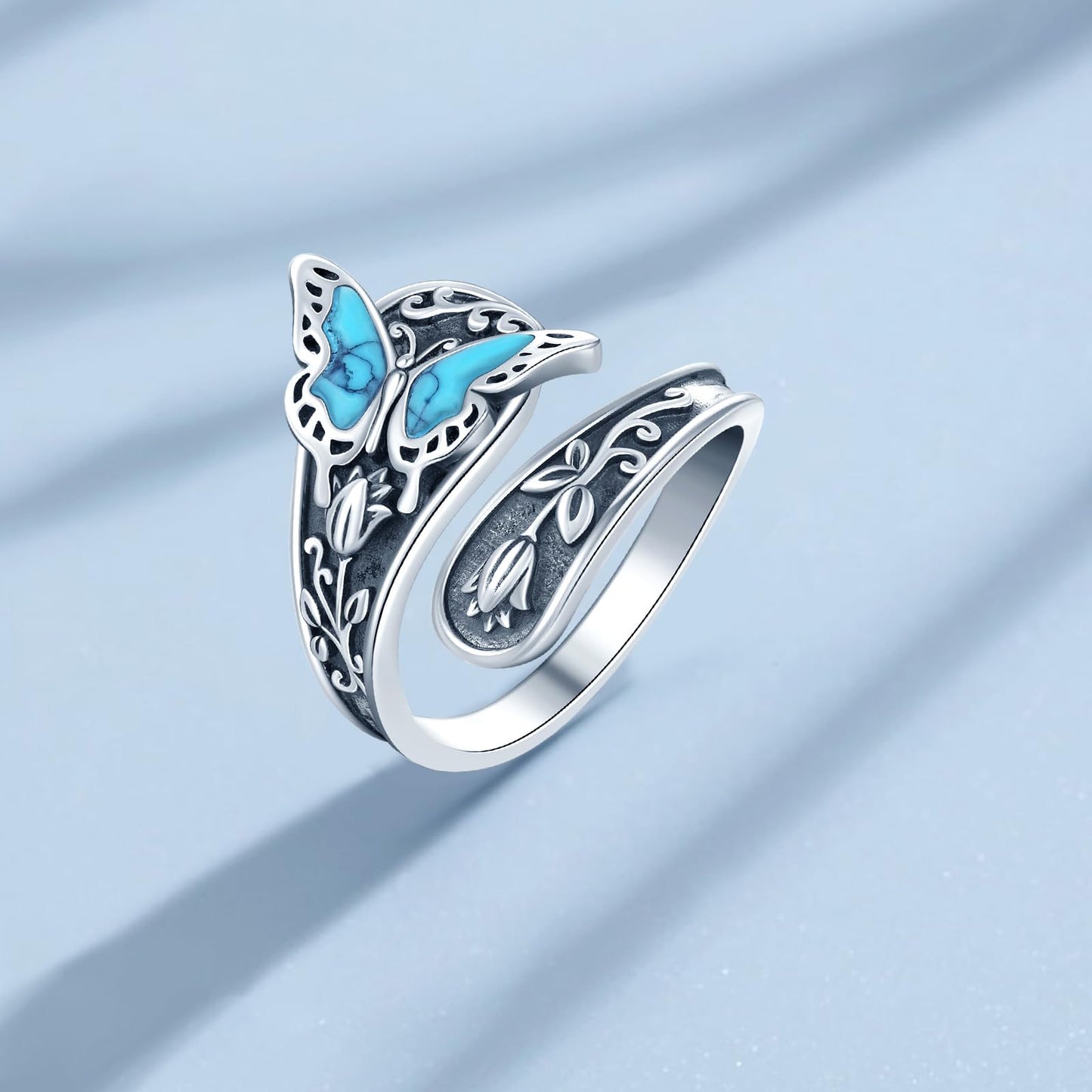 **Adorn**.                               Sterling Silver Turquoise Rings for Women Vintage Adjustable Sunflower/Dragonfly/Butterfly Spoon Rings Boho Antique Statement Ring Jewelry Gifts