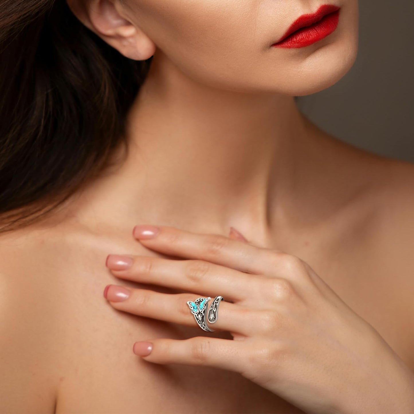 **Adorn**.                               Sterling Silver Turquoise Rings for Women Vintage Adjustable Sunflower/Dragonfly/Butterfly Spoon Rings Boho Antique Statement Ring Jewelry Gifts