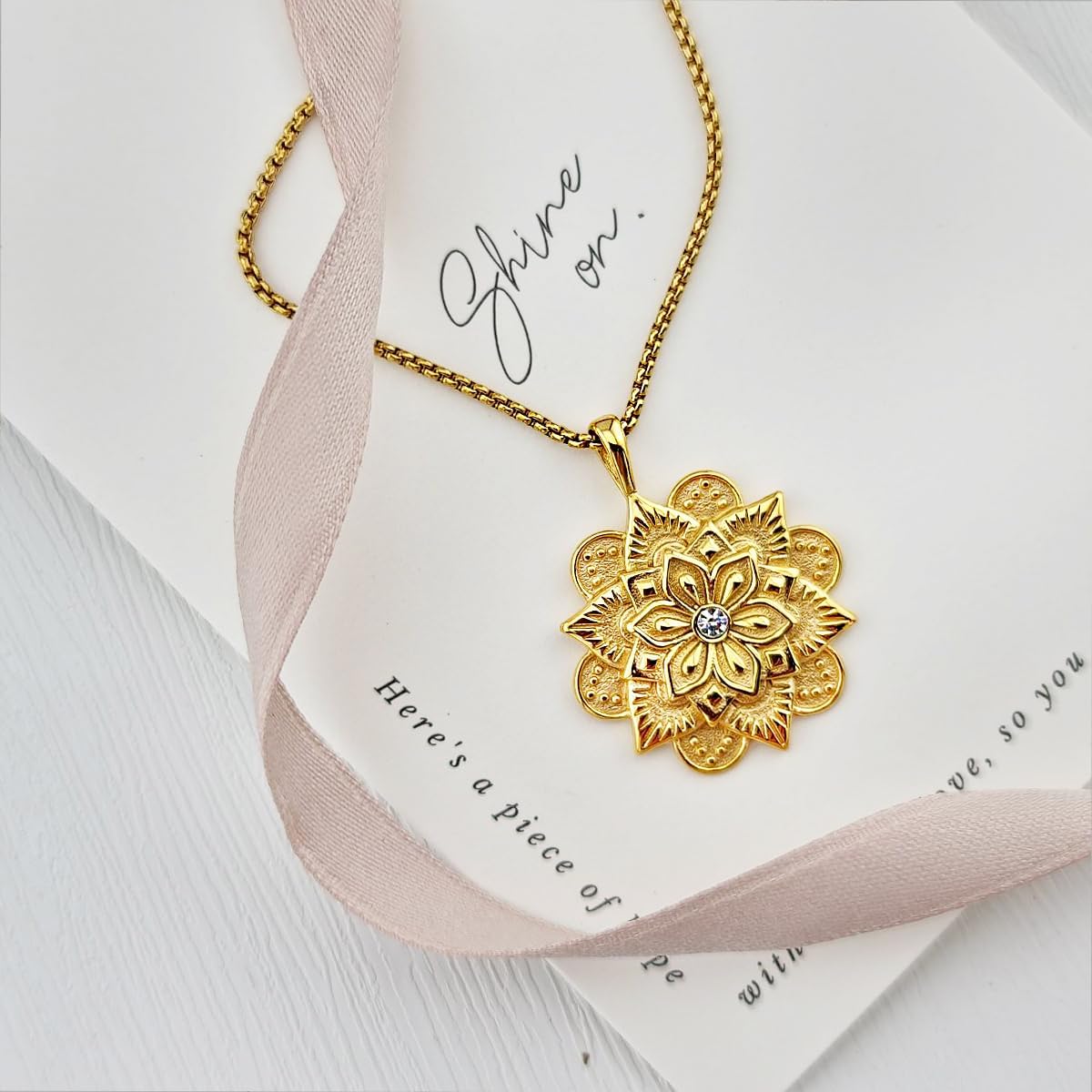 **Adorn**.                                   HOPE LOVE SHINE Mandala Necklace – “Everything You Need Is Within You” Engraved Pendant – Gold Spiritual Jewelry for Women, Self-Love Gift, Affirmation Necklace for Healing & Encouragement