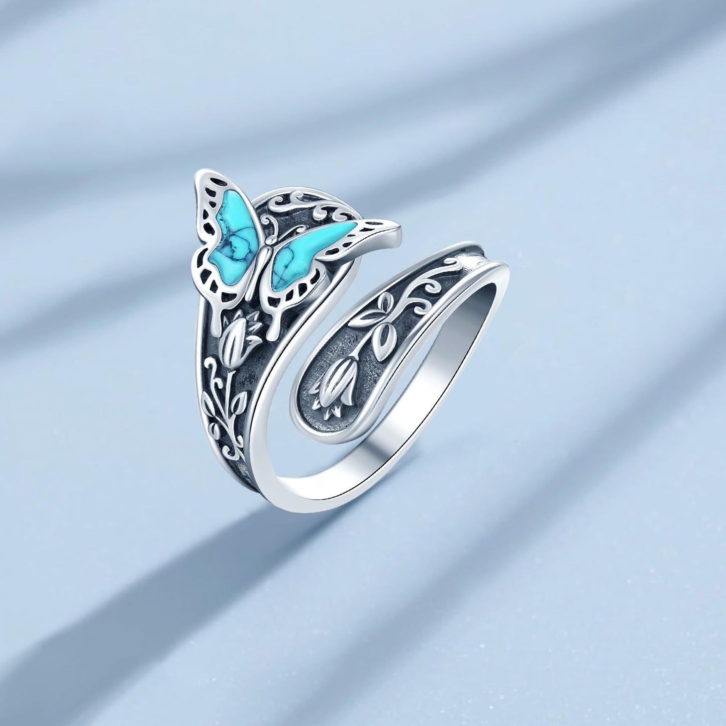 **Adorn**.                               Sterling Silver Turquoise Rings for Women Vintage Adjustable Sunflower/Dragonfly/Butterfly Spoon Rings Boho Antique Statement Ring Jewelry Gifts