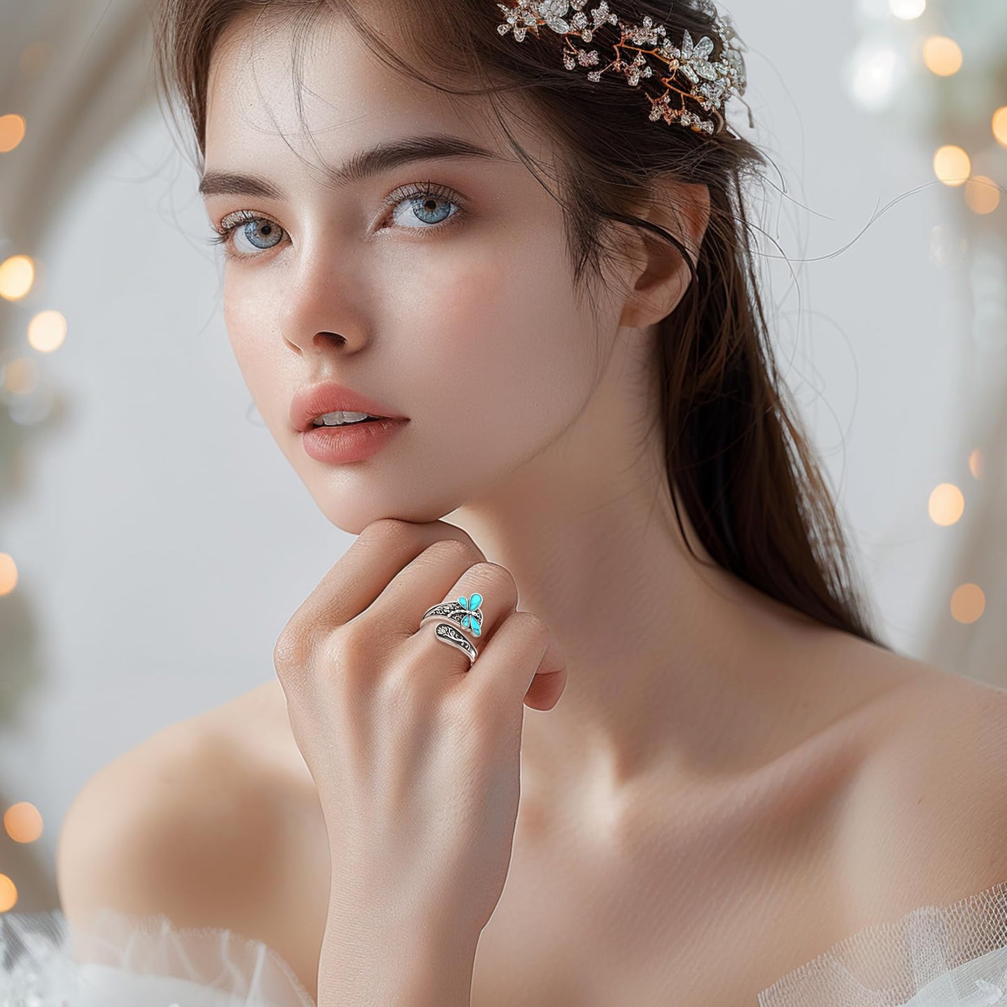 **Adorn**.                               Sterling Silver Turquoise Rings for Women Vintage Adjustable Sunflower/Dragonfly/Butterfly Spoon Rings Boho Antique Statement Ring Jewelry Gifts