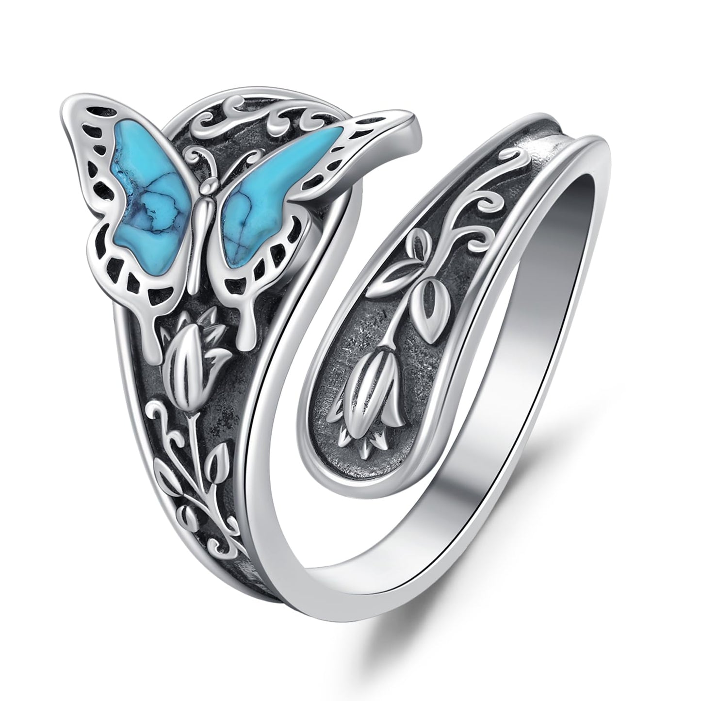 **Adorn**.                               Sterling Silver Turquoise Rings for Women Vintage Adjustable Sunflower/Dragonfly/Butterfly Spoon Rings Boho Antique Statement Ring Jewelry Gifts