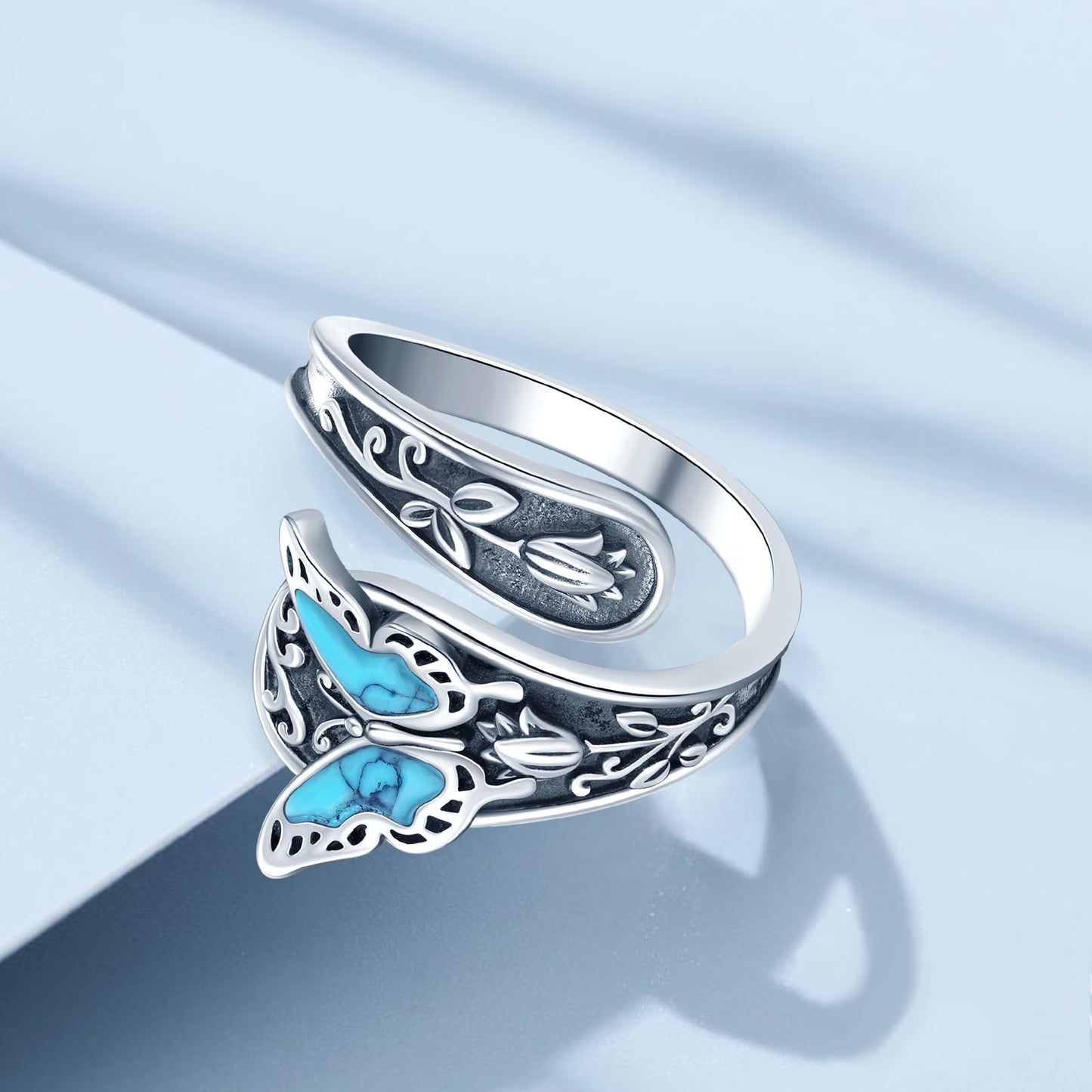 **Adorn**.                               Sterling Silver Turquoise Rings for Women Vintage Adjustable Sunflower/Dragonfly/Butterfly Spoon Rings Boho Antique Statement Ring Jewelry Gifts