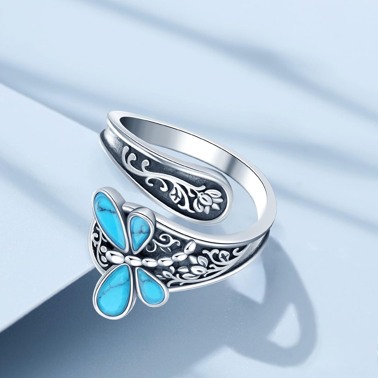 **Adorn**.                               Sterling Silver Turquoise Rings for Women Vintage Adjustable Sunflower/Dragonfly/Butterfly Spoon Rings Boho Antique Statement Ring Jewelry Gifts