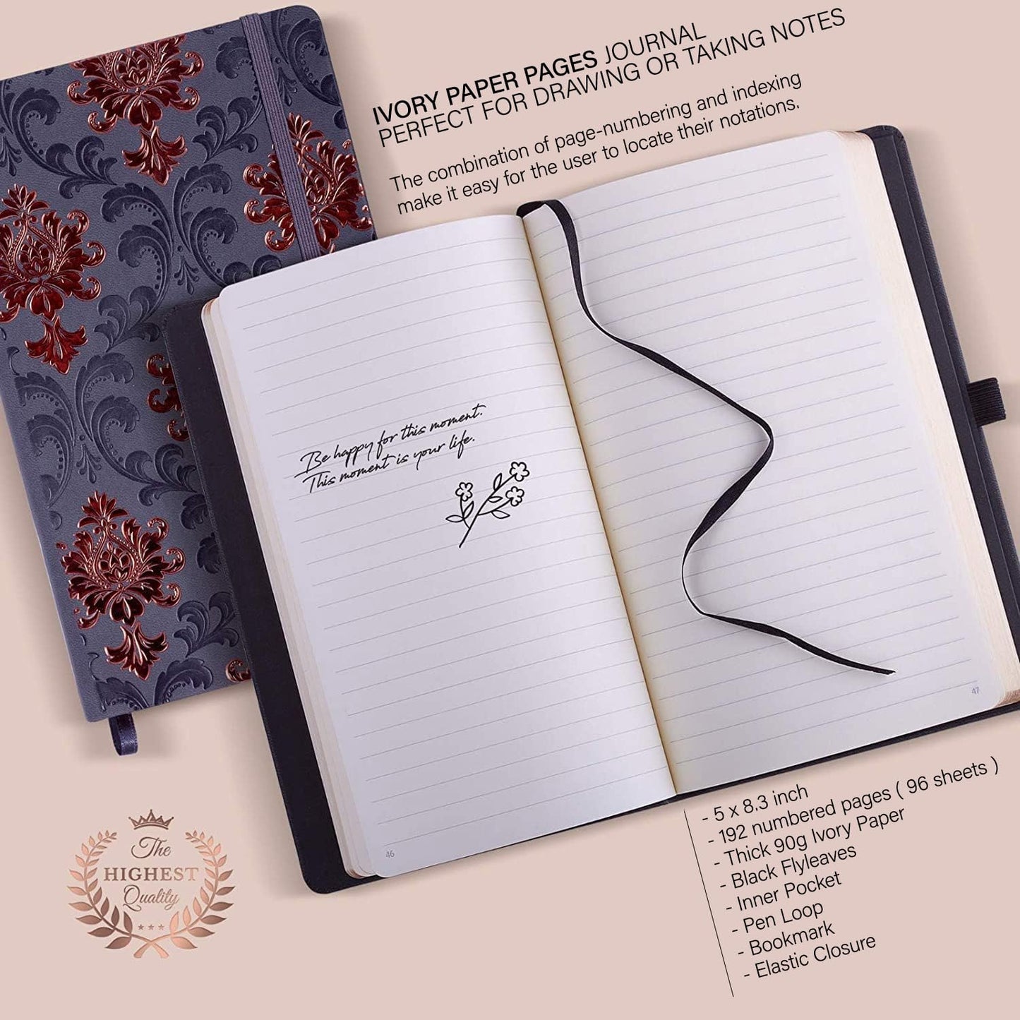 **Ink**.                                    Exclusive Writing Journal for Women and Men - Handmade in Italy with Ivory Paper - Travel Diary Notebook for Daily Notes, Dreams or Planning - Perfect for a Traveler, Writer, Musician(ROSE) (BAROQUE GOLD)