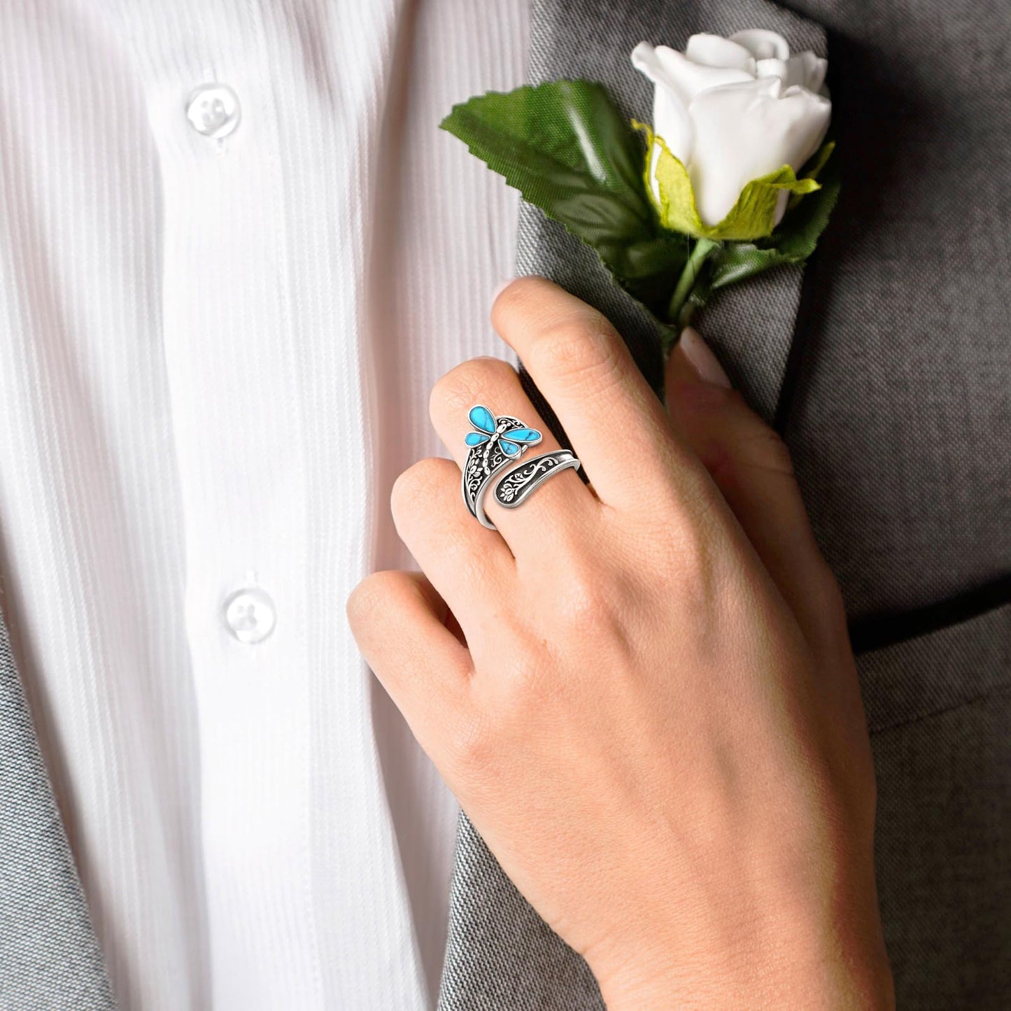 **Adorn**.                               Sterling Silver Turquoise Rings for Women Vintage Adjustable Sunflower/Dragonfly/Butterfly Spoon Rings Boho Antique Statement Ring Jewelry Gifts