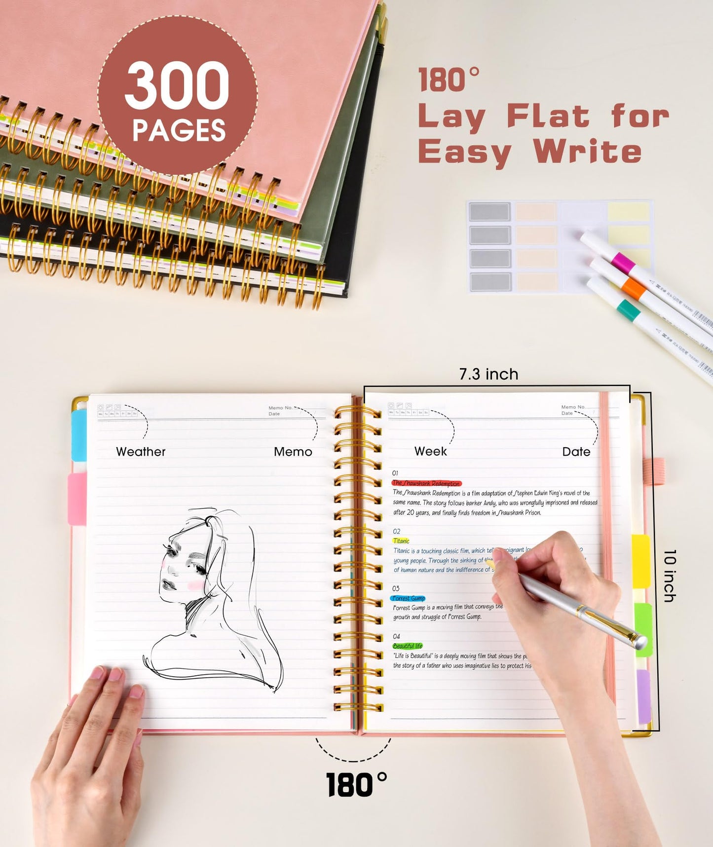 **Ink**.                                 Hardcover Spiral Notebook journal with Removable Dividers Tabs, 300 Pages Leather 5 Subject Notebook College Ruled, 100GMS A5 Notebooks for Work School Note taking,Lined Journal for Women,A5-Green