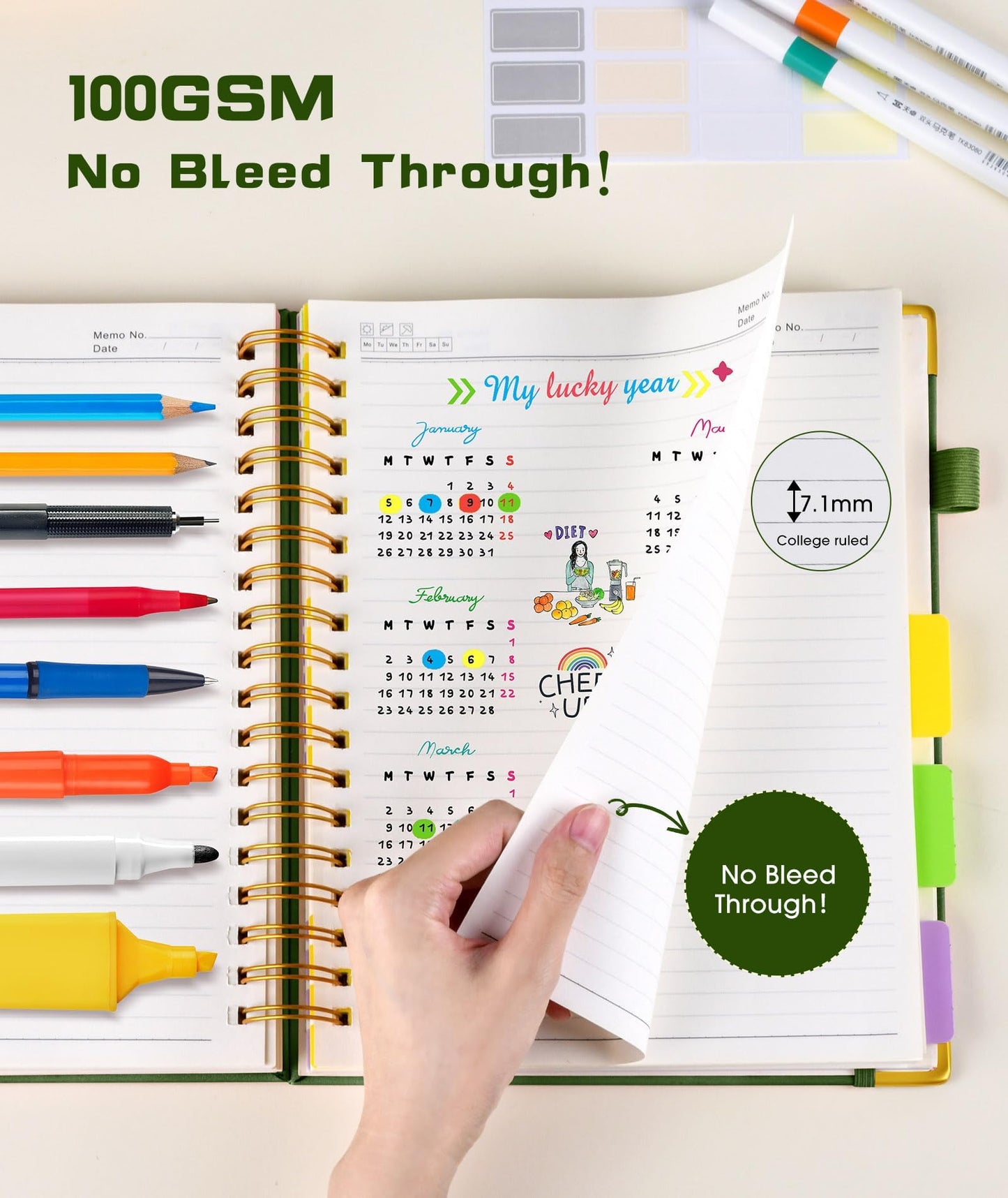 **Ink**.                                 Hardcover Spiral Notebook journal with Removable Dividers Tabs, 300 Pages Leather 5 Subject Notebook College Ruled, 100GMS A5 Notebooks for Work School Note taking,Lined Journal for Women,A5-Green