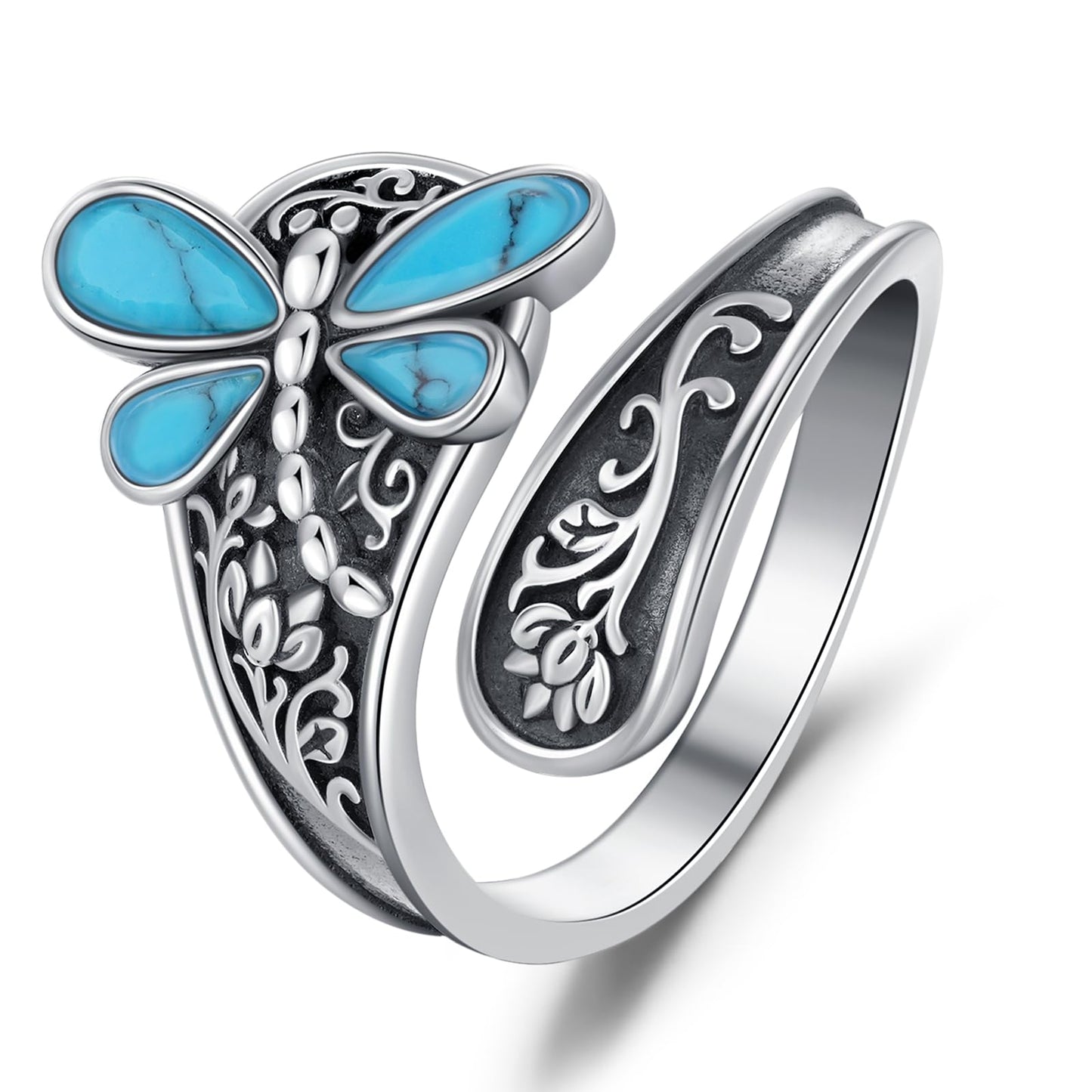 **Adorn**.                               Sterling Silver Turquoise Rings for Women Vintage Adjustable Sunflower/Dragonfly/Butterfly Spoon Rings Boho Antique Statement Ring Jewelry Gifts