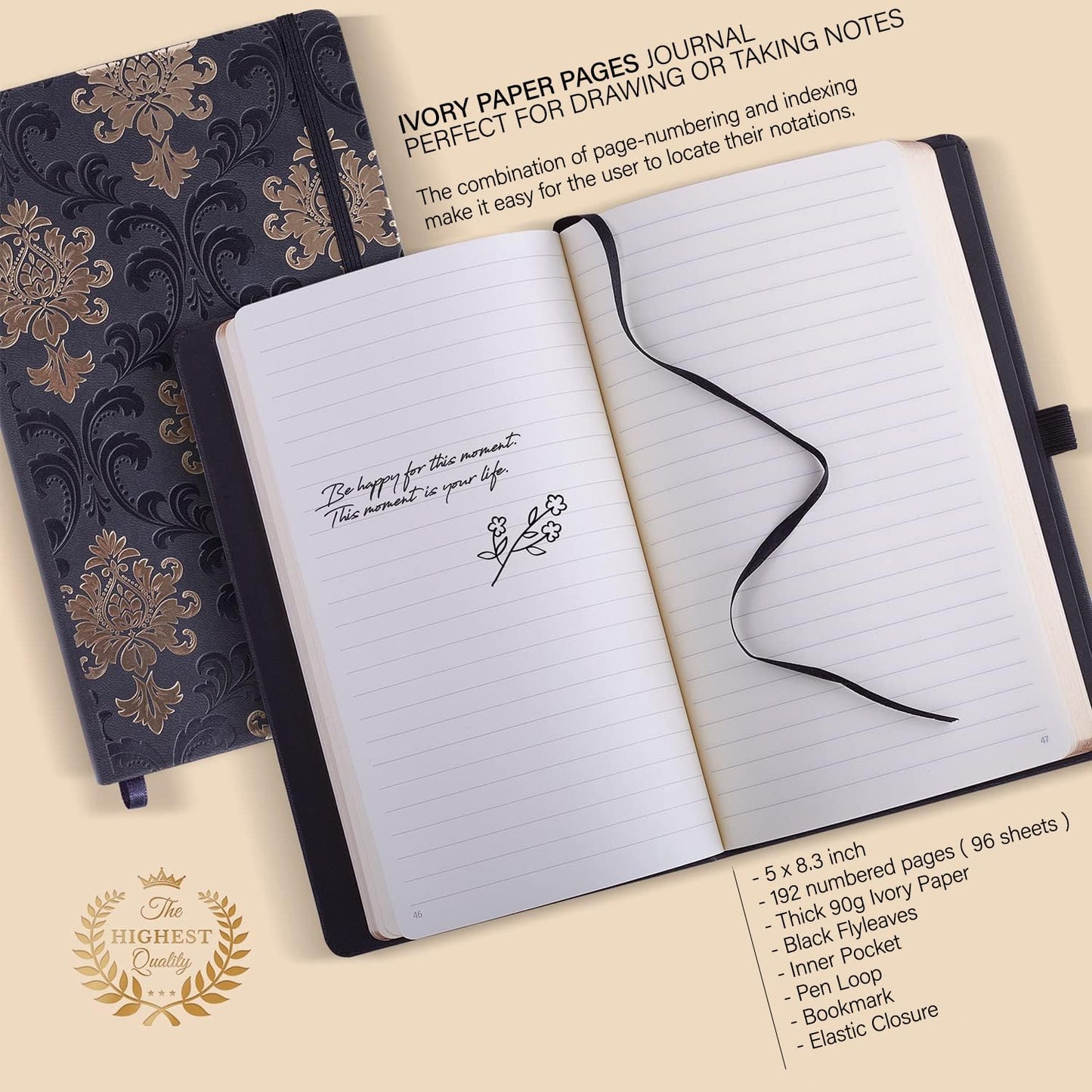 **Ink**.                                    Exclusive Writing Journal for Women and Men - Handmade in Italy with Ivory Paper - Travel Diary Notebook for Daily Notes, Dreams or Planning - Perfect for a Traveler, Writer, Musician(ROSE) (BAROQUE GOLD)