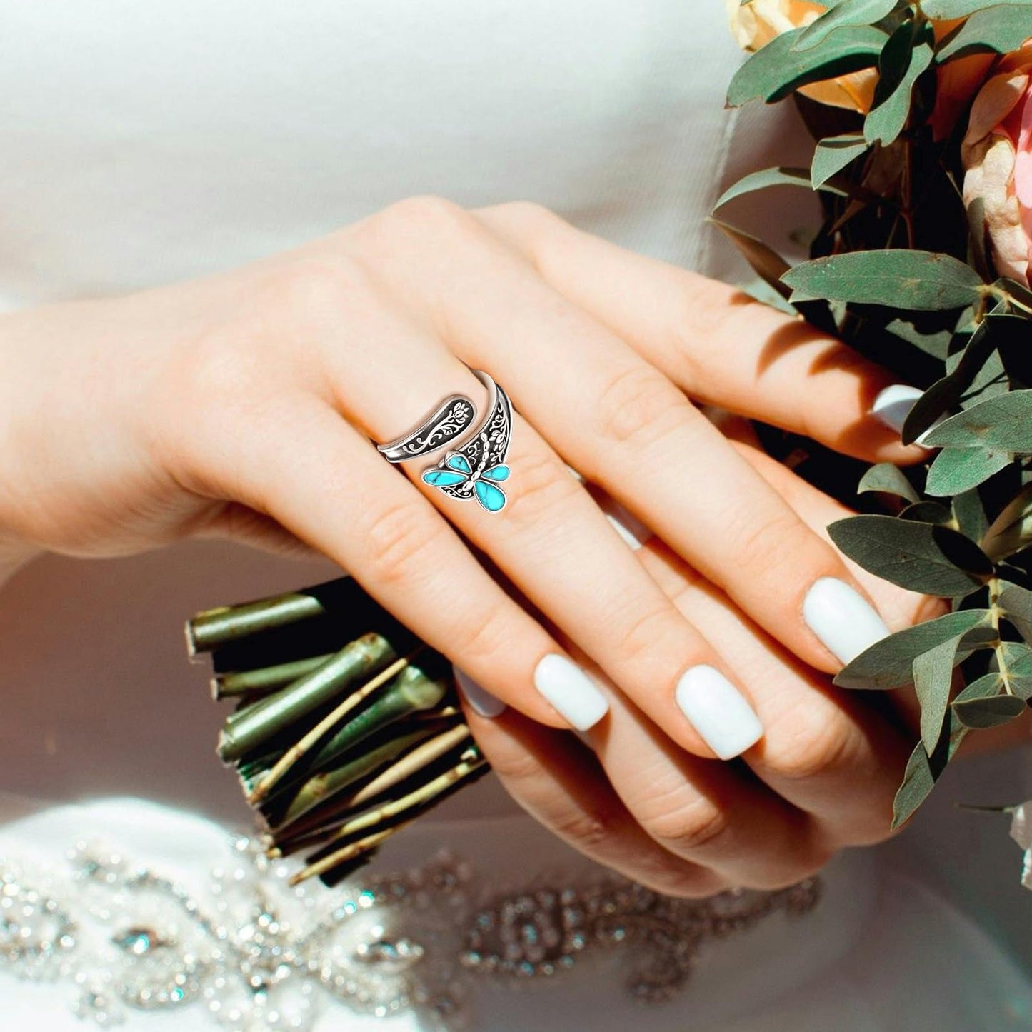 **Adorn**.                               Sterling Silver Turquoise Rings for Women Vintage Adjustable Sunflower/Dragonfly/Butterfly Spoon Rings Boho Antique Statement Ring Jewelry Gifts