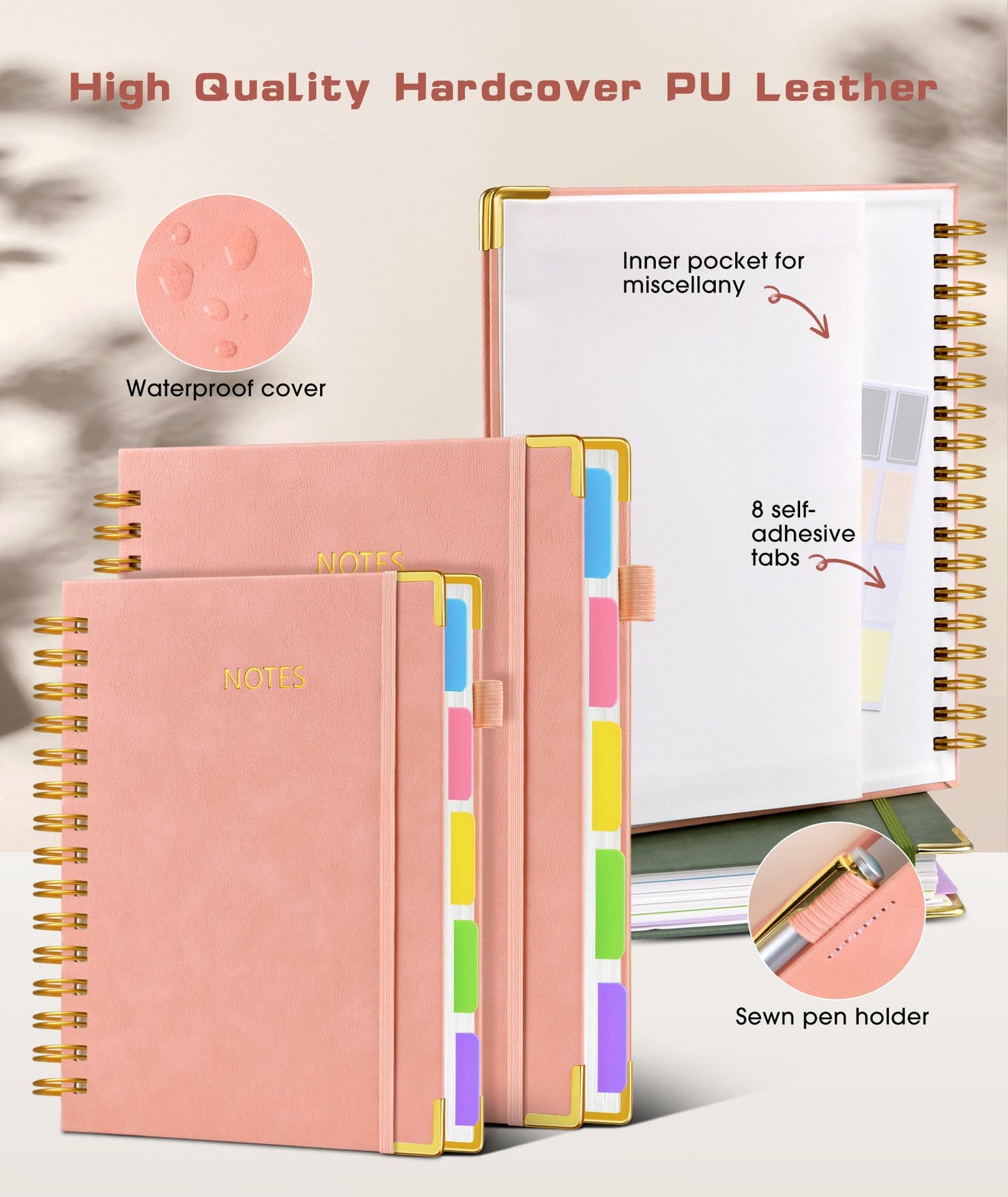 **Ink**.                                 Hardcover Spiral Notebook journal with Removable Dividers Tabs, 300 Pages Leather 5 Subject Notebook College Ruled, 100GMS A5 Notebooks for Work School Note taking,Lined Journal for Women,A5-Green
