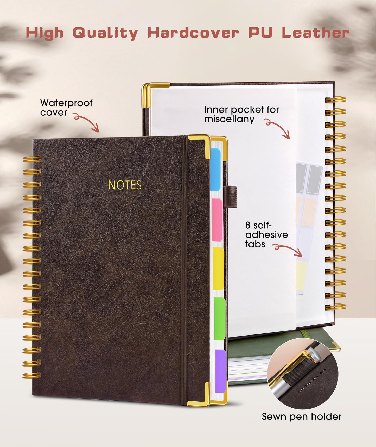 **Ink**.                                 Hardcover Spiral Notebook journal with Removable Dividers Tabs, 300 Pages Leather 5 Subject Notebook College Ruled, 100GMS A5 Notebooks for Work School Note taking,Lined Journal for Women,A5-Green