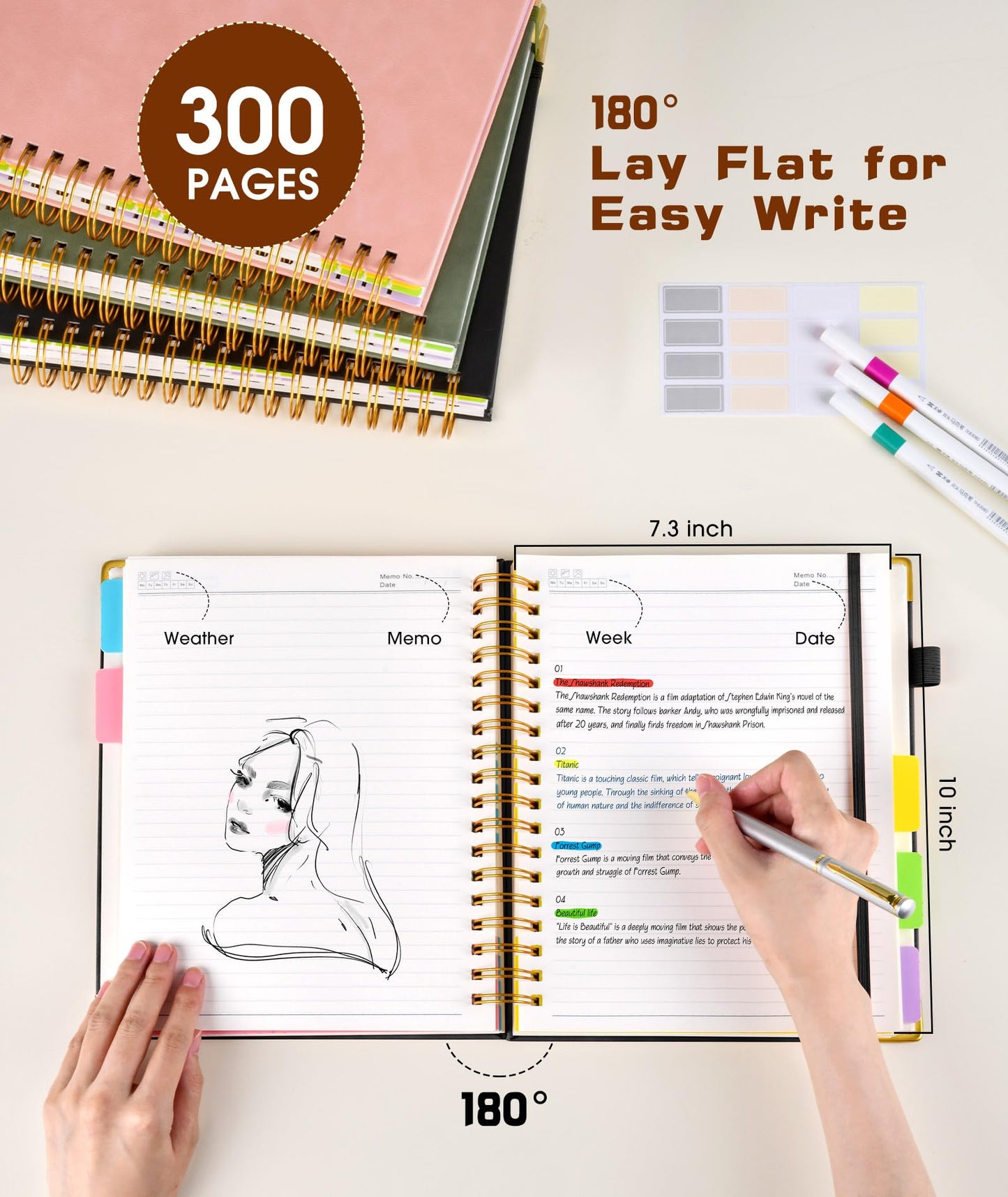 **Ink**.                                 Hardcover Spiral Notebook journal with Removable Dividers Tabs, 300 Pages Leather 5 Subject Notebook College Ruled, 100GMS A5 Notebooks for Work School Note taking,Lined Journal for Women,A5-Green
