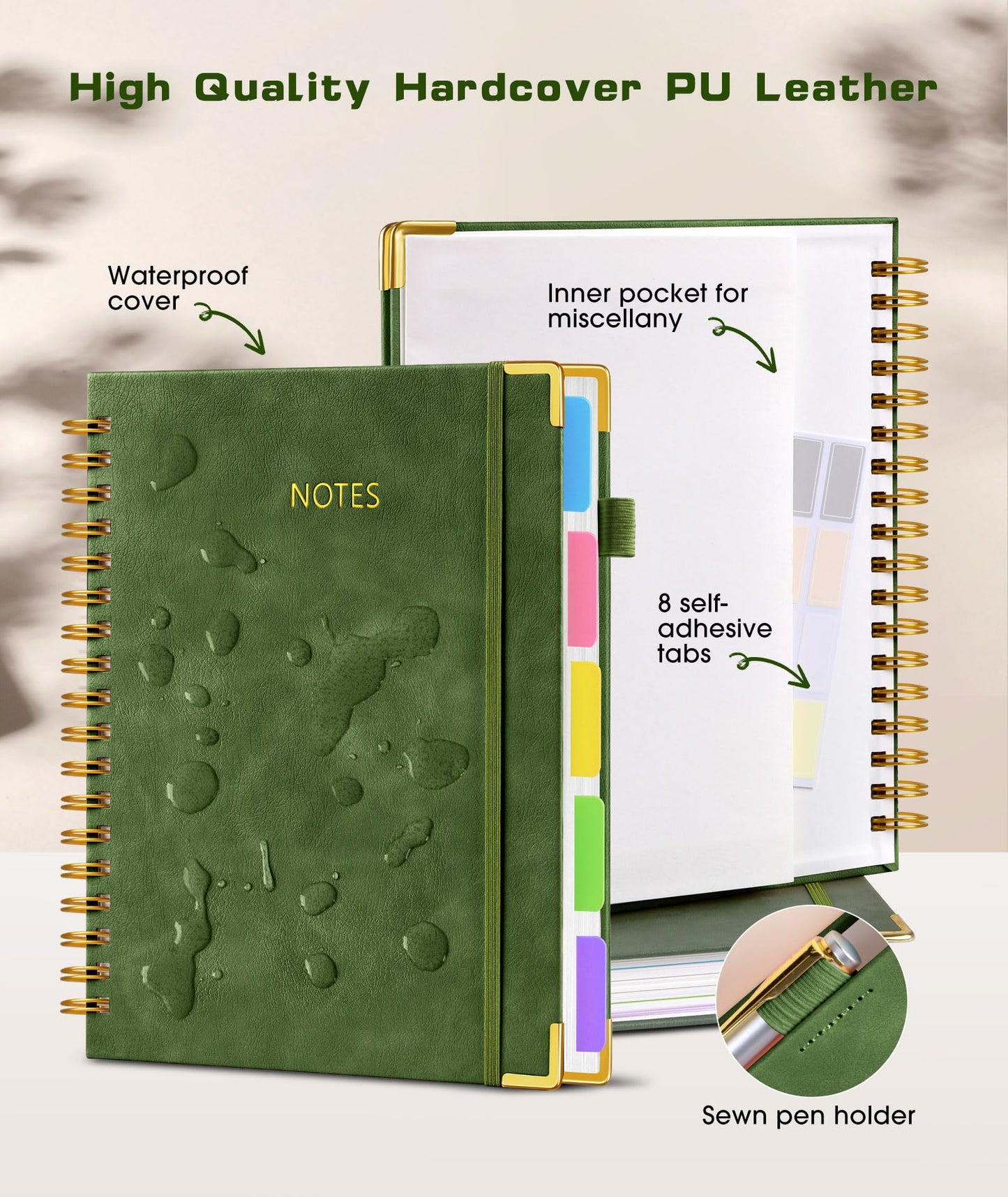 **Ink**.                                 Hardcover Spiral Notebook journal with Removable Dividers Tabs, 300 Pages Leather 5 Subject Notebook College Ruled, 100GMS A5 Notebooks for Work School Note taking,Lined Journal for Women,A5-Green