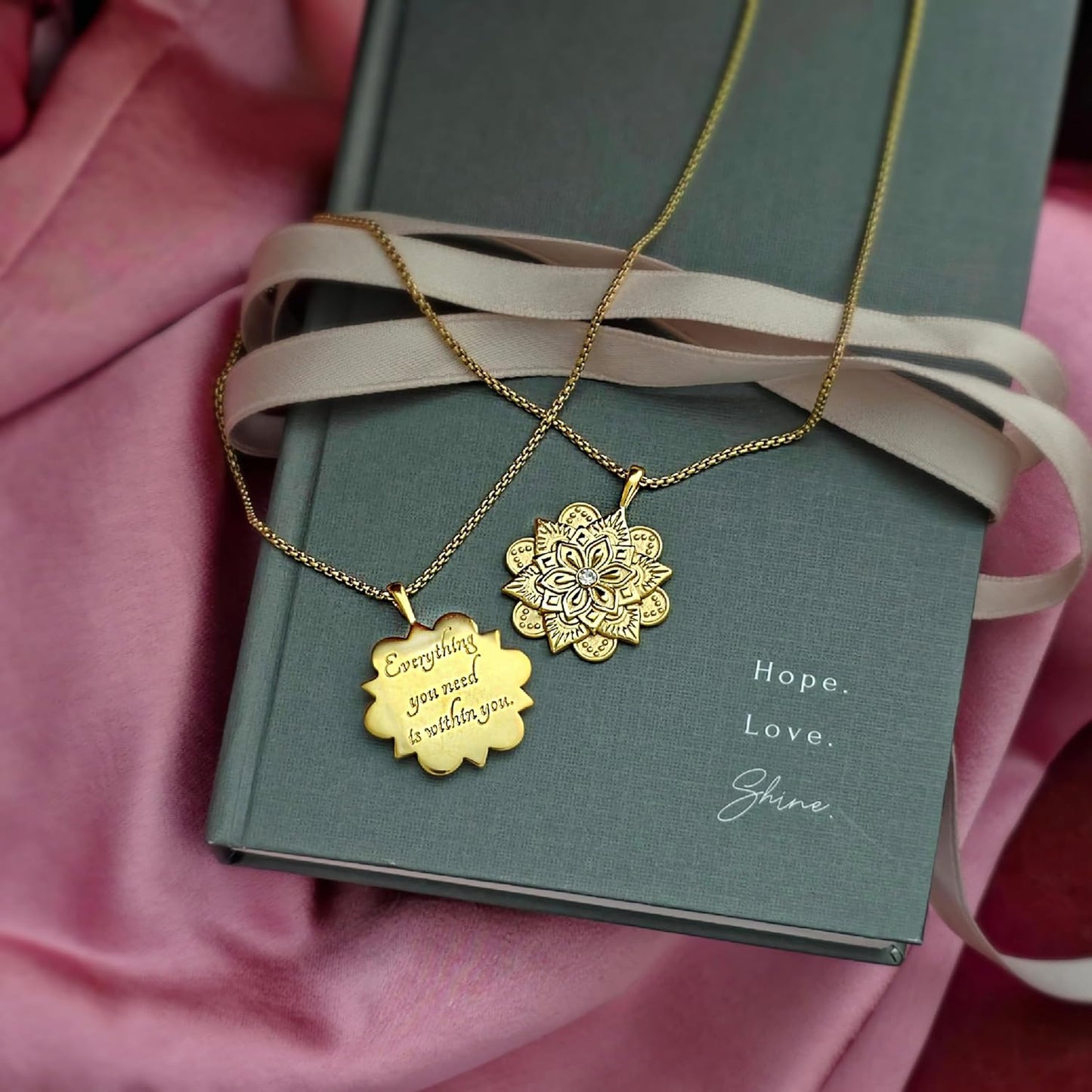 **Adorn**.                                   HOPE LOVE SHINE Mandala Necklace – “Everything You Need Is Within You” Engraved Pendant – Gold Spiritual Jewelry for Women, Self-Love Gift, Affirmation Necklace for Healing & Encouragement