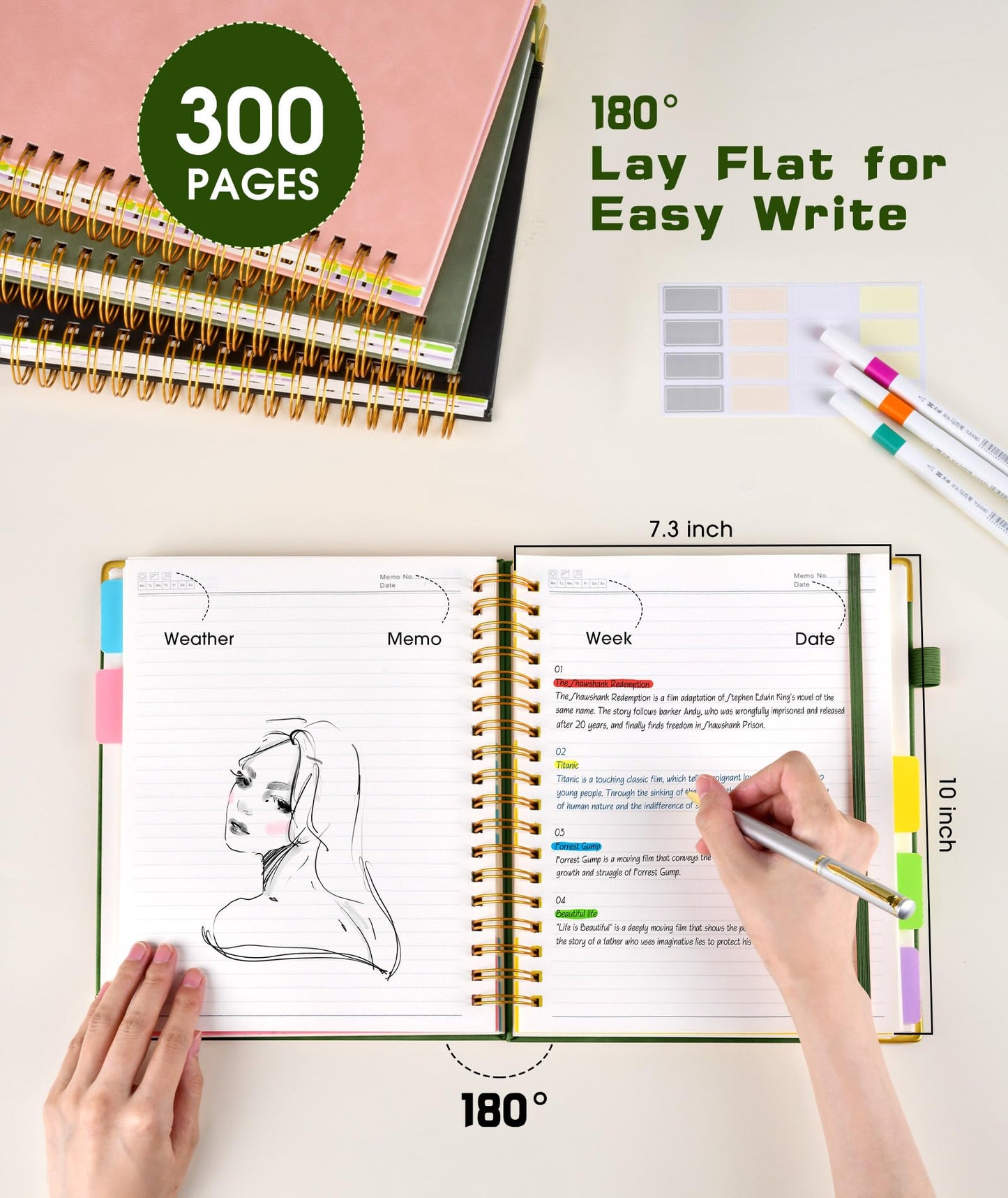 **Ink**.                                 Hardcover Spiral Notebook journal with Removable Dividers Tabs, 300 Pages Leather 5 Subject Notebook College Ruled, 100GMS A5 Notebooks for Work School Note taking,Lined Journal for Women,A5-Green