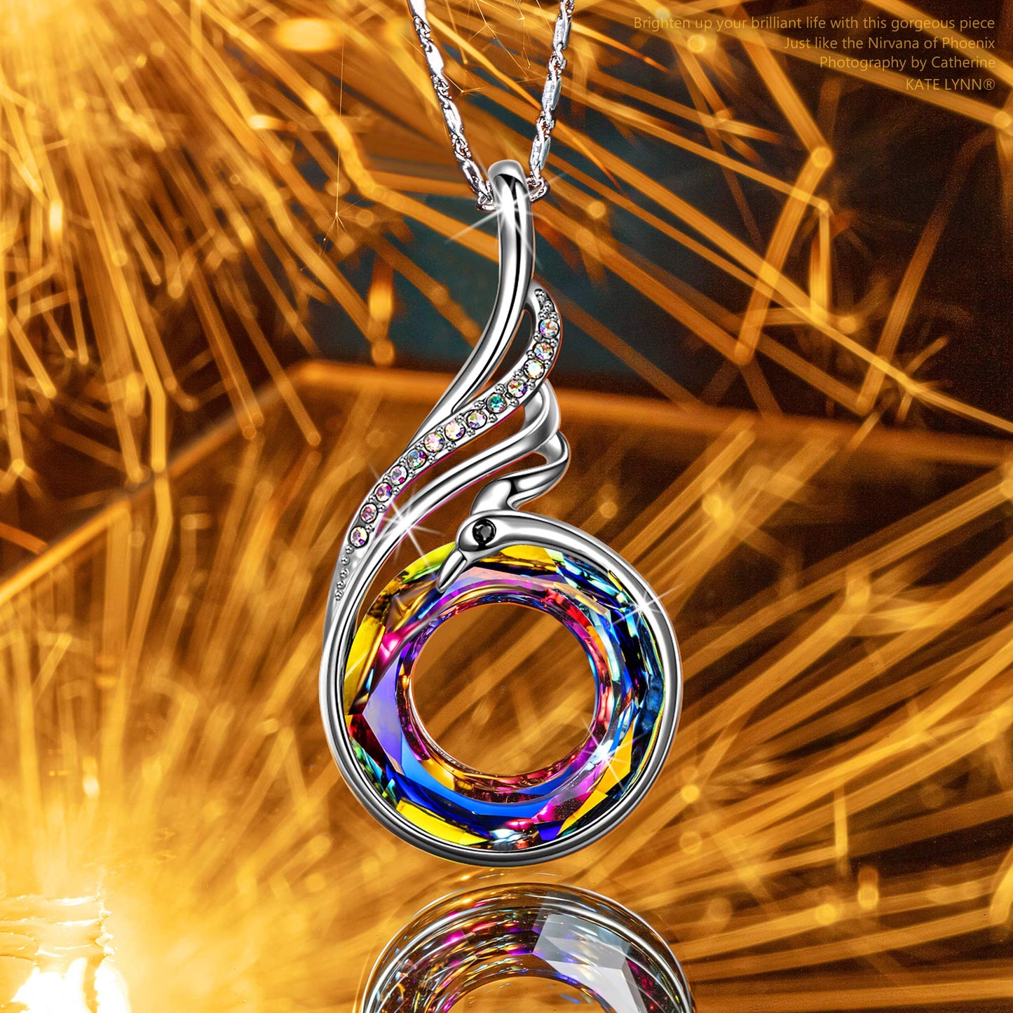 **Adorn**.                                     Kate Lynn "Rise From the Ashes Phoenix Necklace Made with Crystals from Austria, 18"+2" Necklace, Packaged with Jewelry Box, Birthday Gift for Women, Symbol of Luck and Renewal